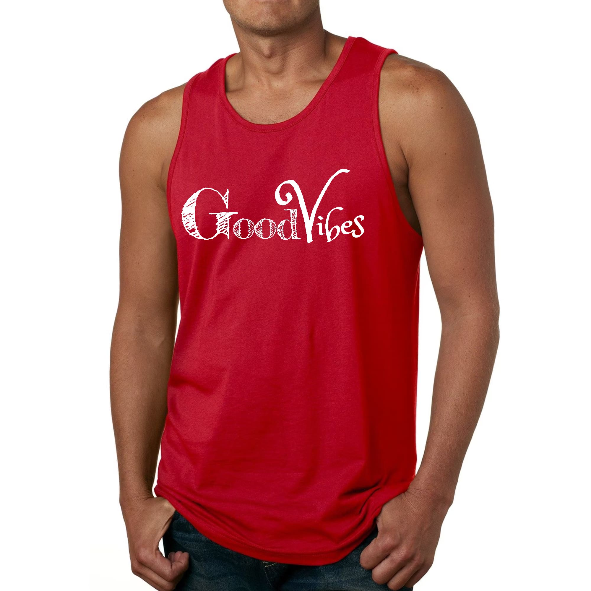 Men's Fitness Tank Top in white with Good Vibes graphic print, showcasing a comfortable and stylish design for workouts and casual wear.