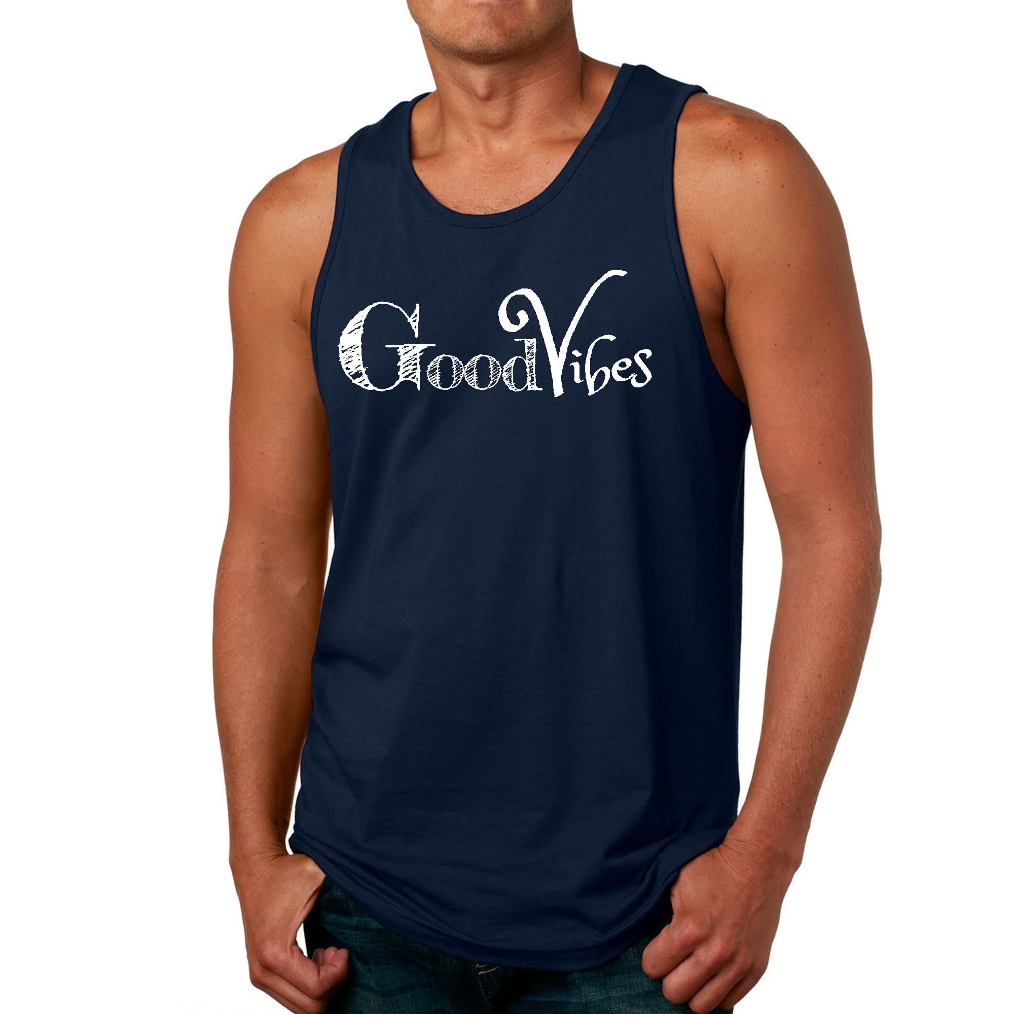 Men's Fitness Tank Top in white with Good Vibes graphic print, showcasing a comfortable and stylish design for workouts and casual wear.