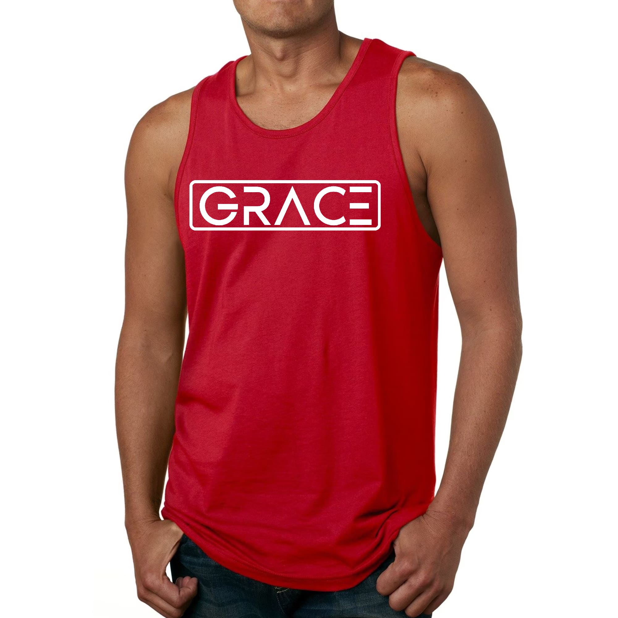 Mens Fitness Tank Top Graphic T-shirt Grace in soft preshrunk cotton, featuring a stylish graphic design and double-needle topstitch detail.