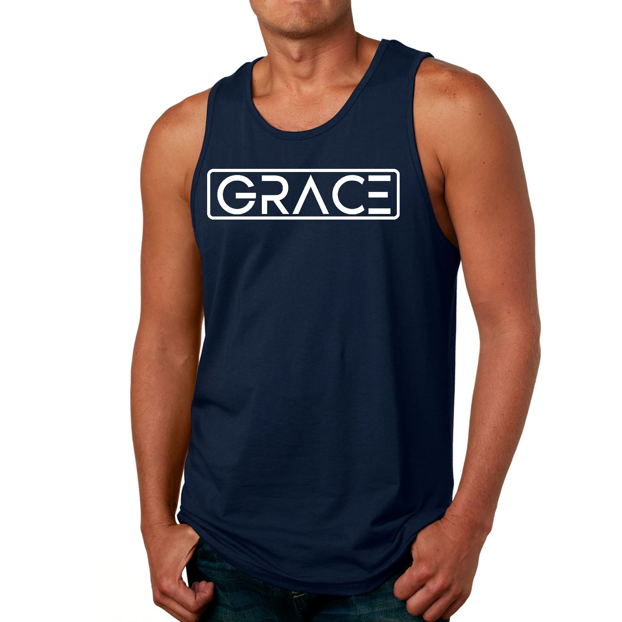 Mens Fitness Tank Top Graphic T-shirt Grace in soft preshrunk cotton, featuring a stylish graphic design and double-needle topstitch detail.