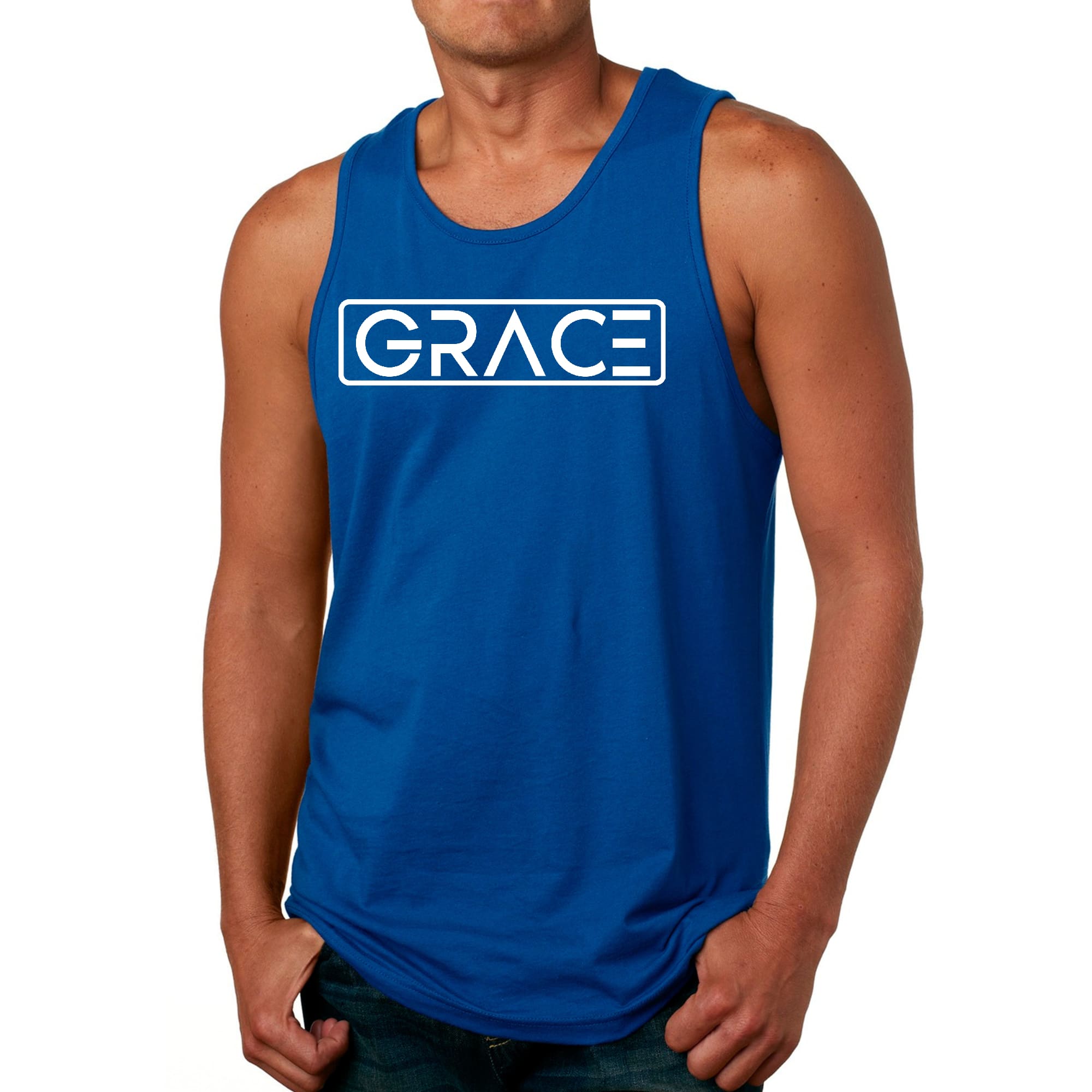 Mens Fitness Tank Top Graphic T-shirt Grace in soft preshrunk cotton, featuring a stylish graphic design and double-needle topstitch detail.