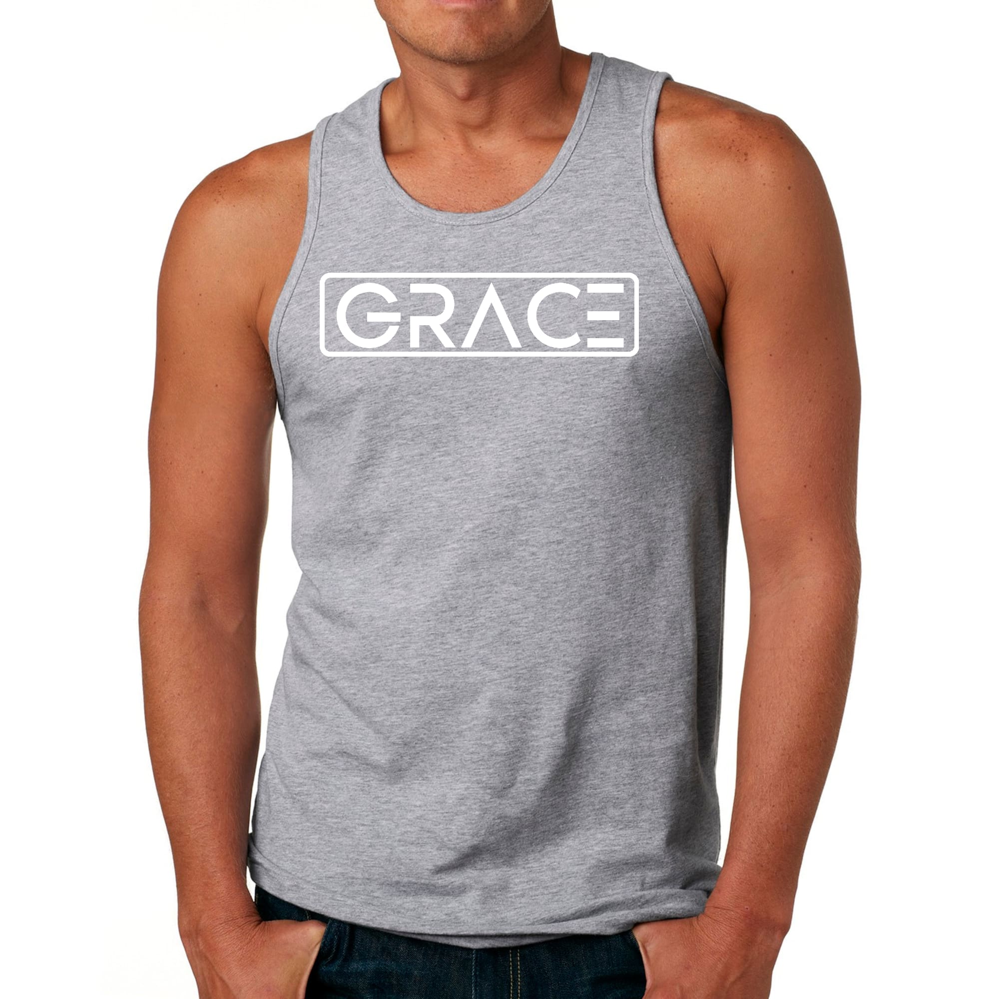 Mens Fitness Tank Top Graphic T-shirt Grace in soft preshrunk cotton, featuring a stylish graphic design and double-needle topstitch detail.