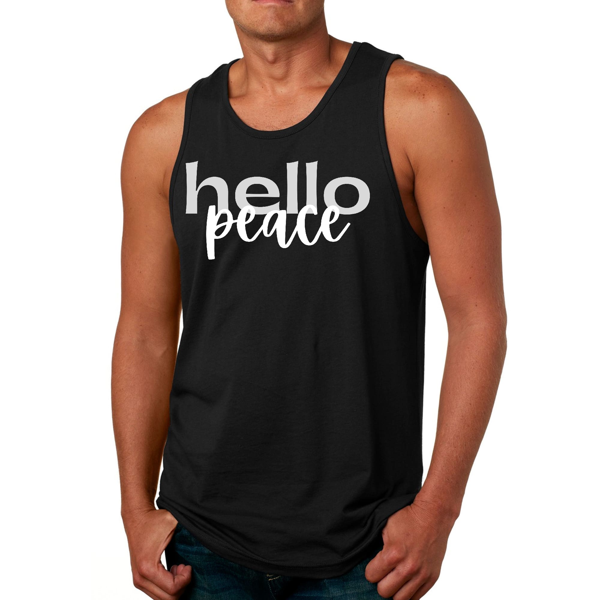 Men's Fitness Tank Top in grey and white with 'Hello Peace' motivational graphic, made from soft preshrunk cotton.