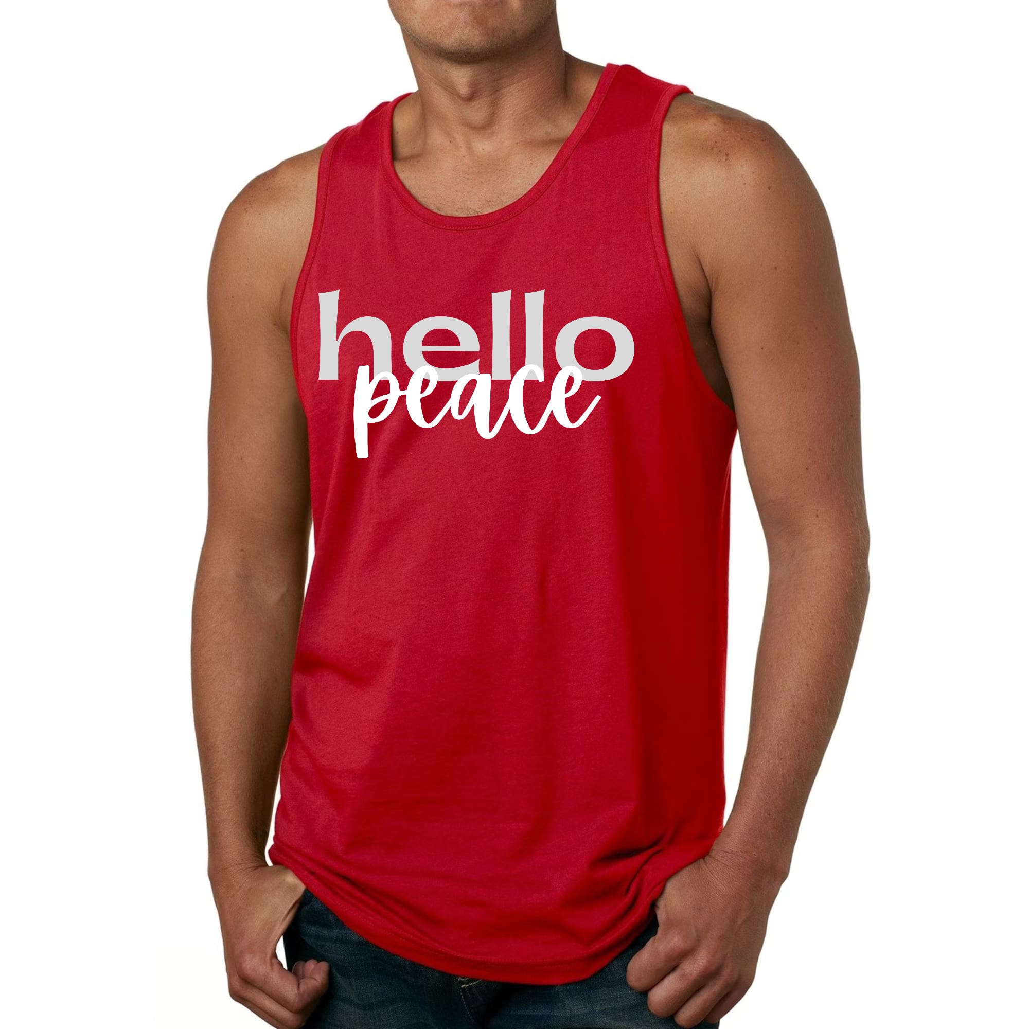 Men's Fitness Tank Top in grey and white with 'Hello Peace' motivational graphic, made from soft preshrunk cotton.