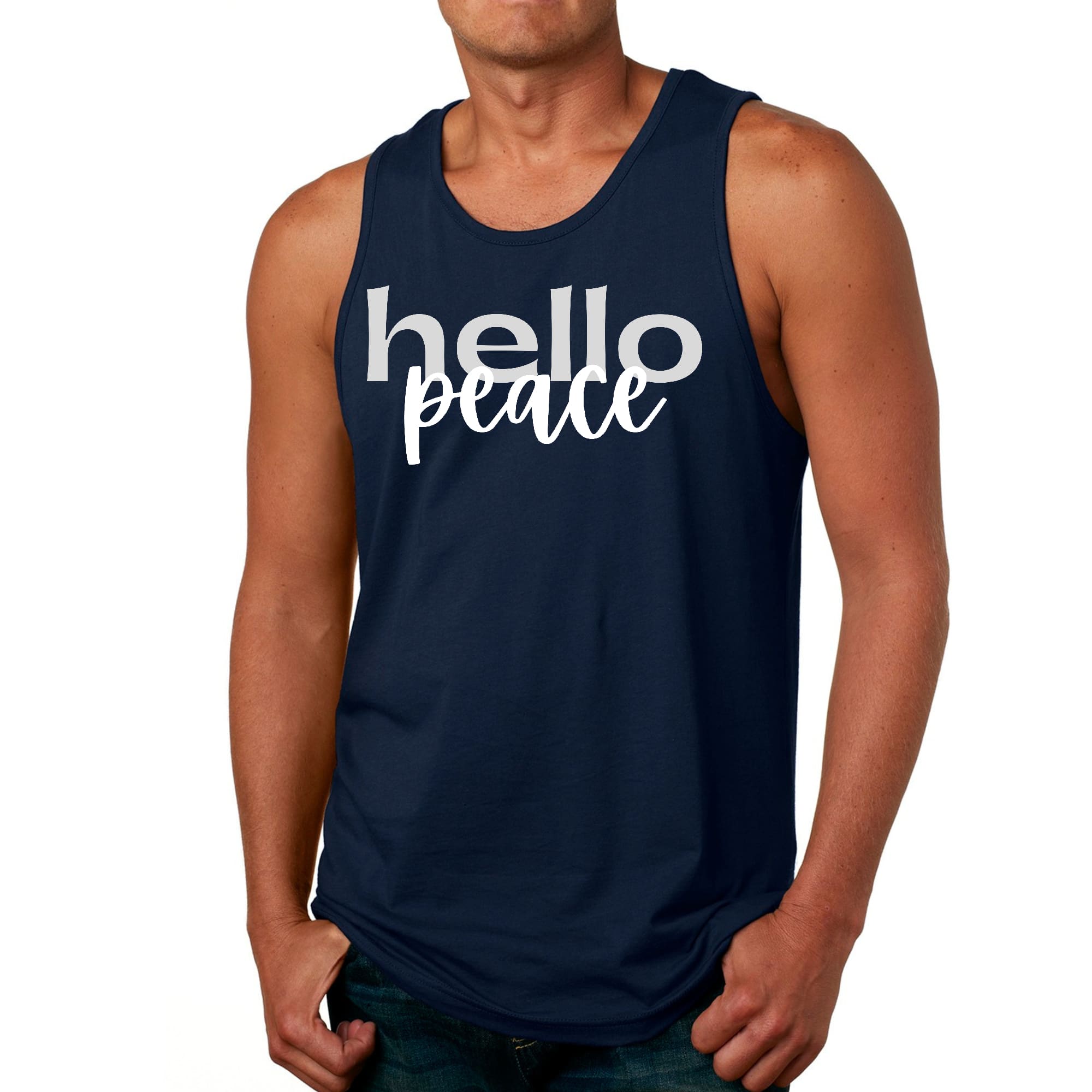 Men's Fitness Tank Top in grey and white with 'Hello Peace' motivational graphic, made from soft preshrunk cotton.