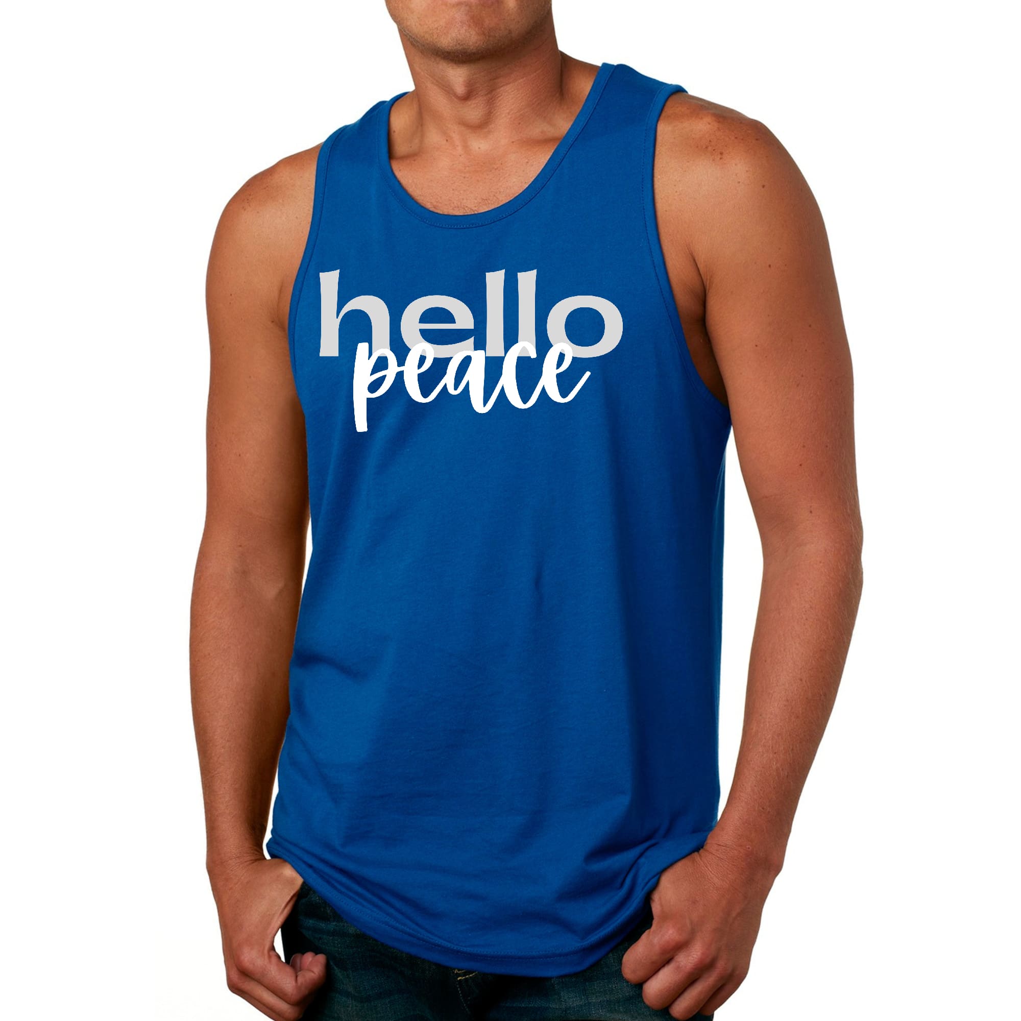 Men's Fitness Tank Top in grey and white with 'Hello Peace' motivational graphic, made from soft preshrunk cotton.