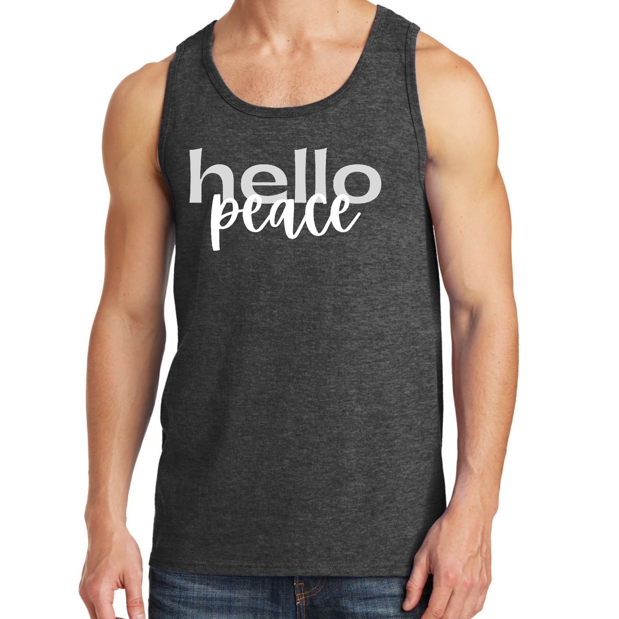 Men's Fitness Tank Top in grey and white with 'Hello Peace' motivational graphic, made from soft preshrunk cotton.