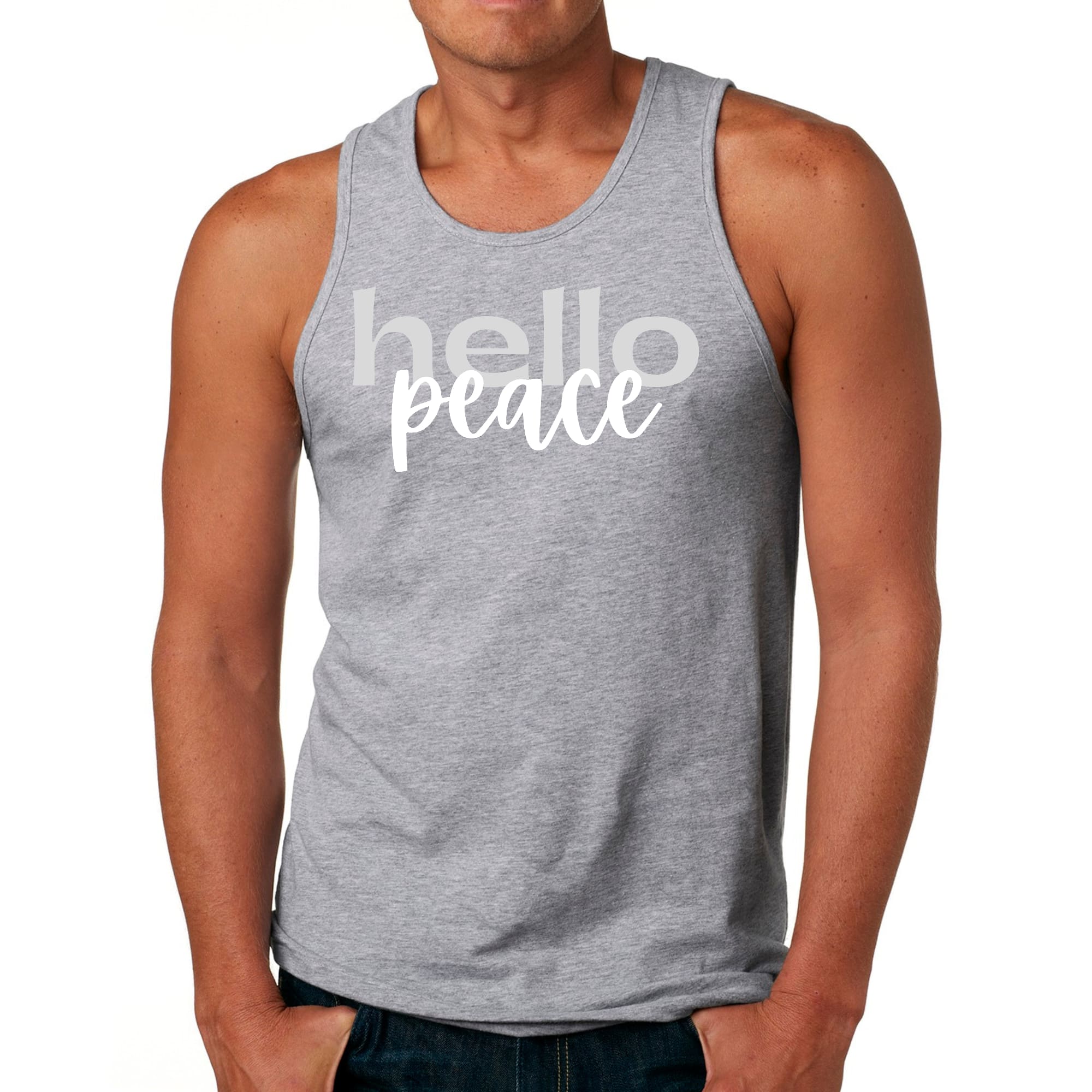 Men's Fitness Tank Top in grey and white with 'Hello Peace' motivational graphic, made from soft preshrunk cotton.