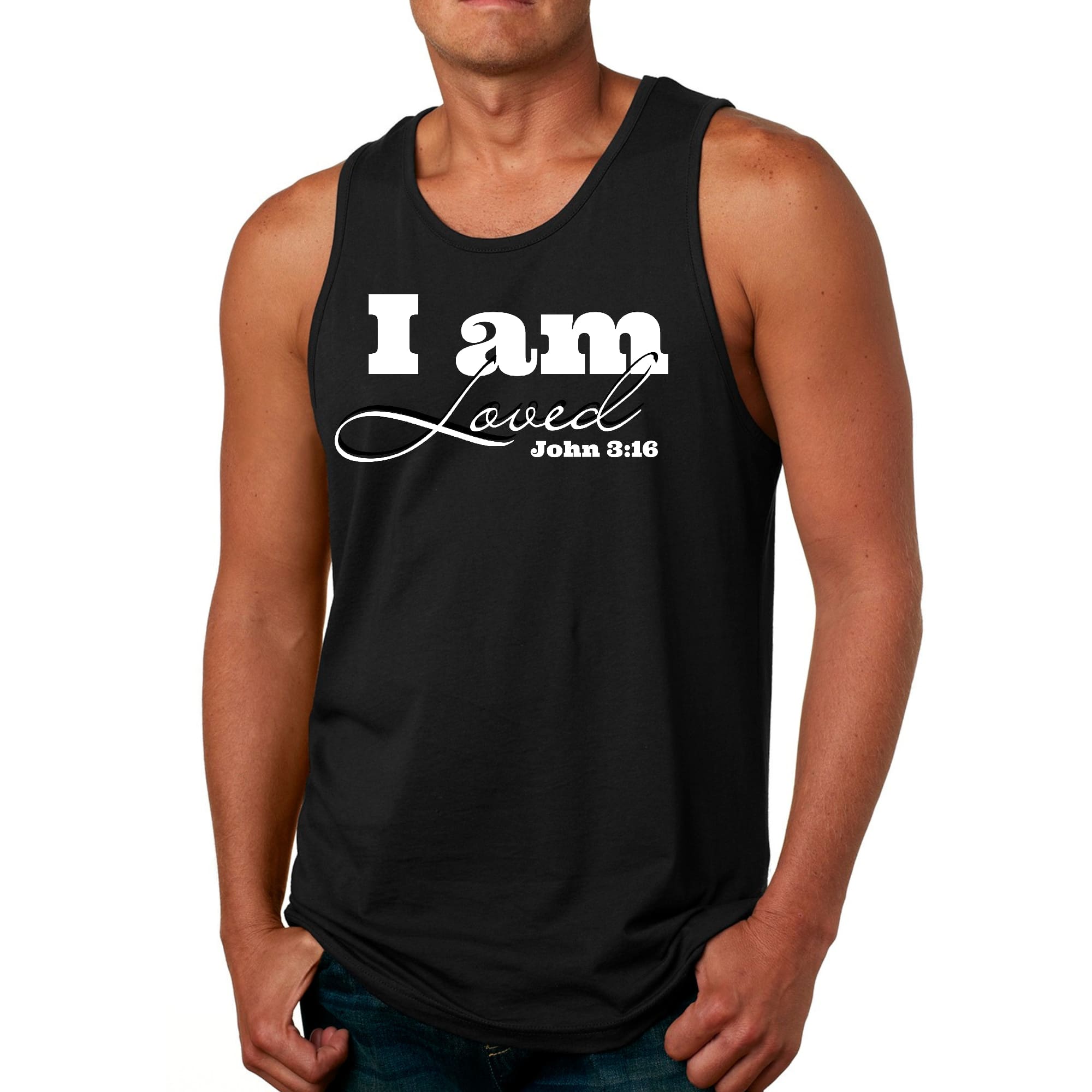 Men's fitness tank top featuring 'I Am Loved' graphic inspired by John 3:16, made from soft preshrunk cotton.