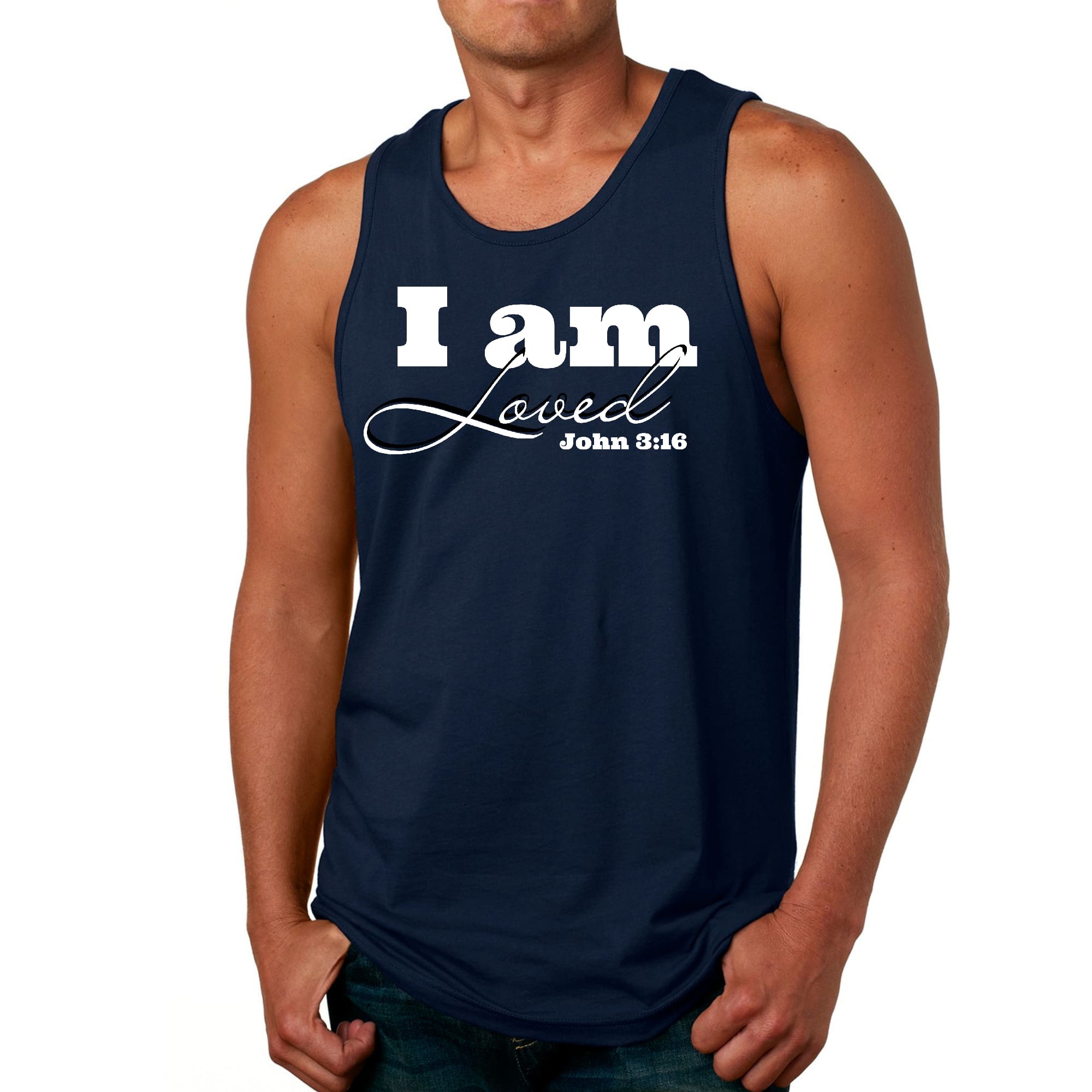 Men's fitness tank top featuring 'I Am Loved' graphic inspired by John 3:16, made from soft preshrunk cotton.