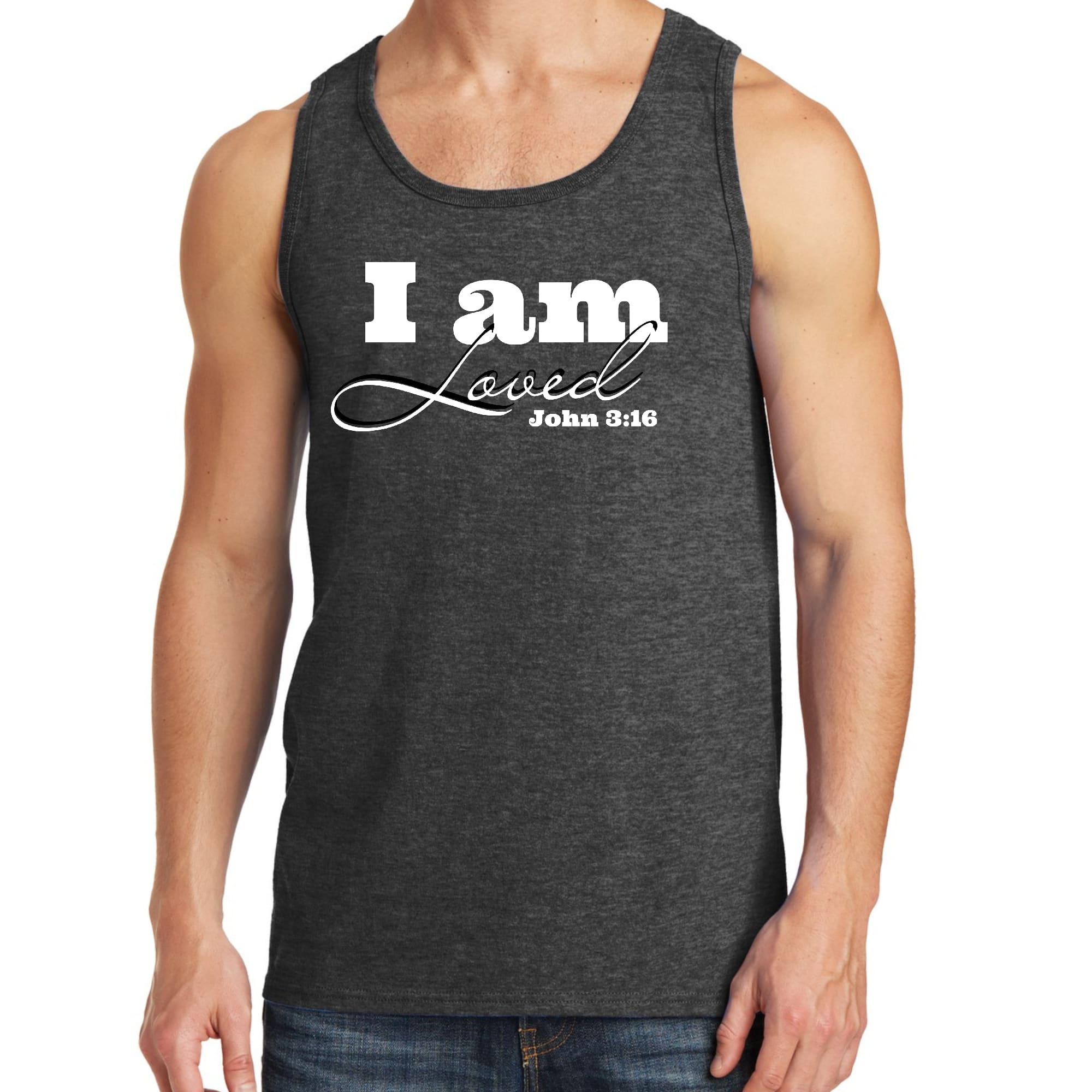 Men's fitness tank top featuring 'I Am Loved' graphic inspired by John 3:16, made from soft preshrunk cotton.