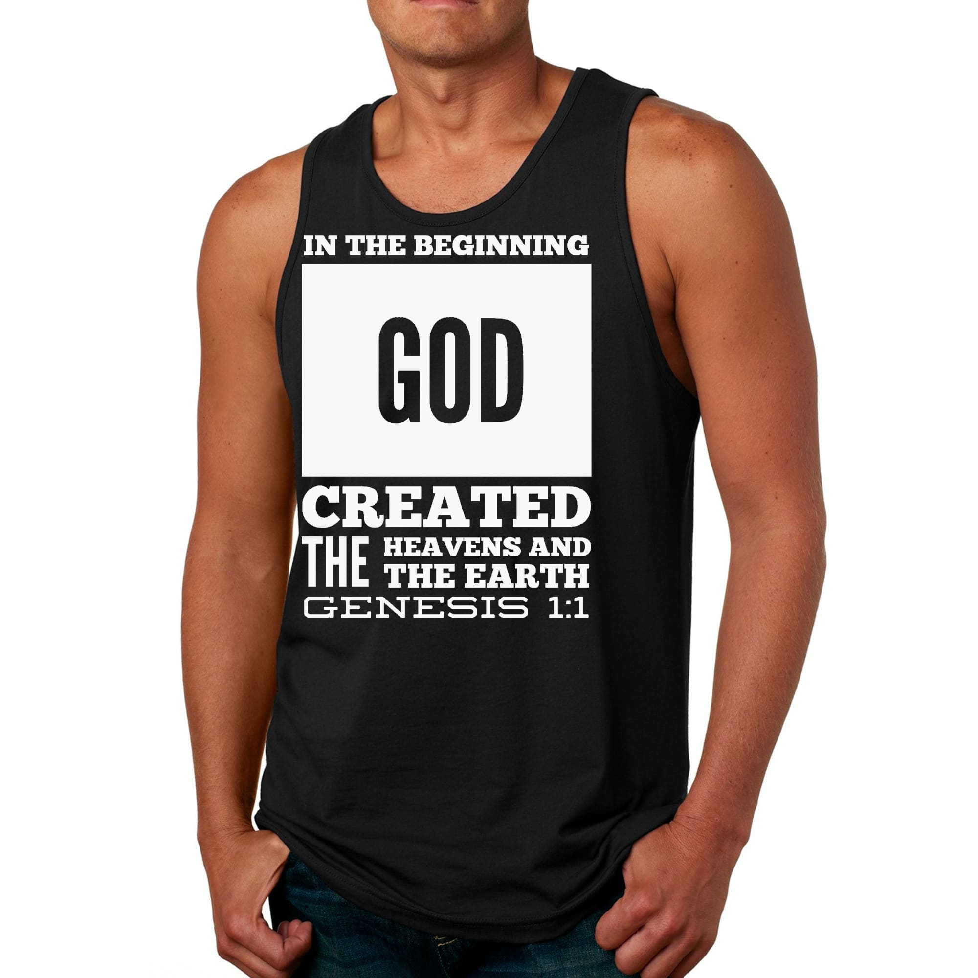 Men's Fitness Tank Top Graphic T-shirt featuring 'In the Beginning' print, made from soft preshrunk cotton, ideal for workouts and casual wear.