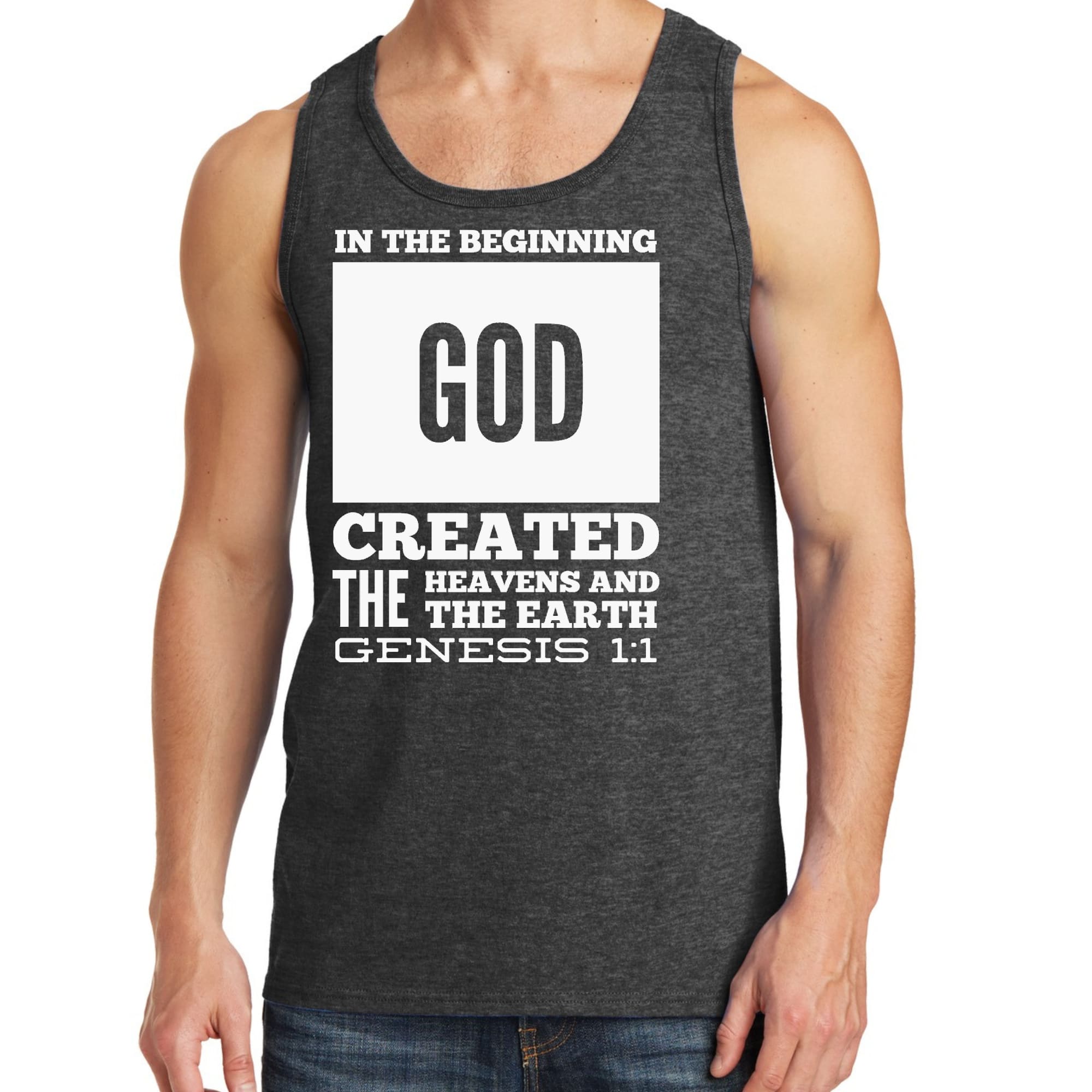 Men's Fitness Tank Top Graphic T-shirt featuring 'In the Beginning' print, made from soft preshrunk cotton, ideal for workouts and casual wear.