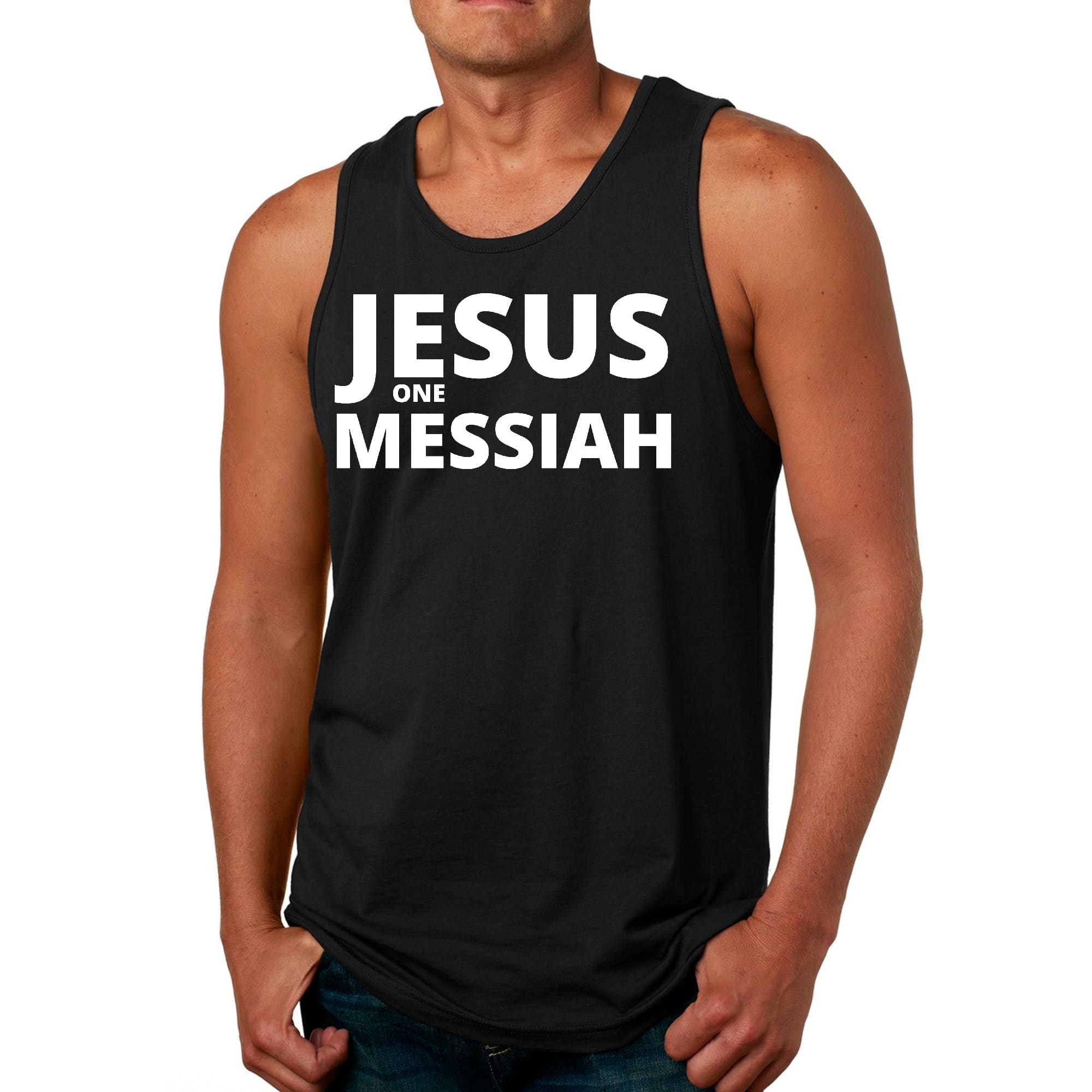 Men's Fitness Tank Top Graphic T-shirt featuring Jesus One Messiah design, made from soft preshrunk cotton for comfort and durability.