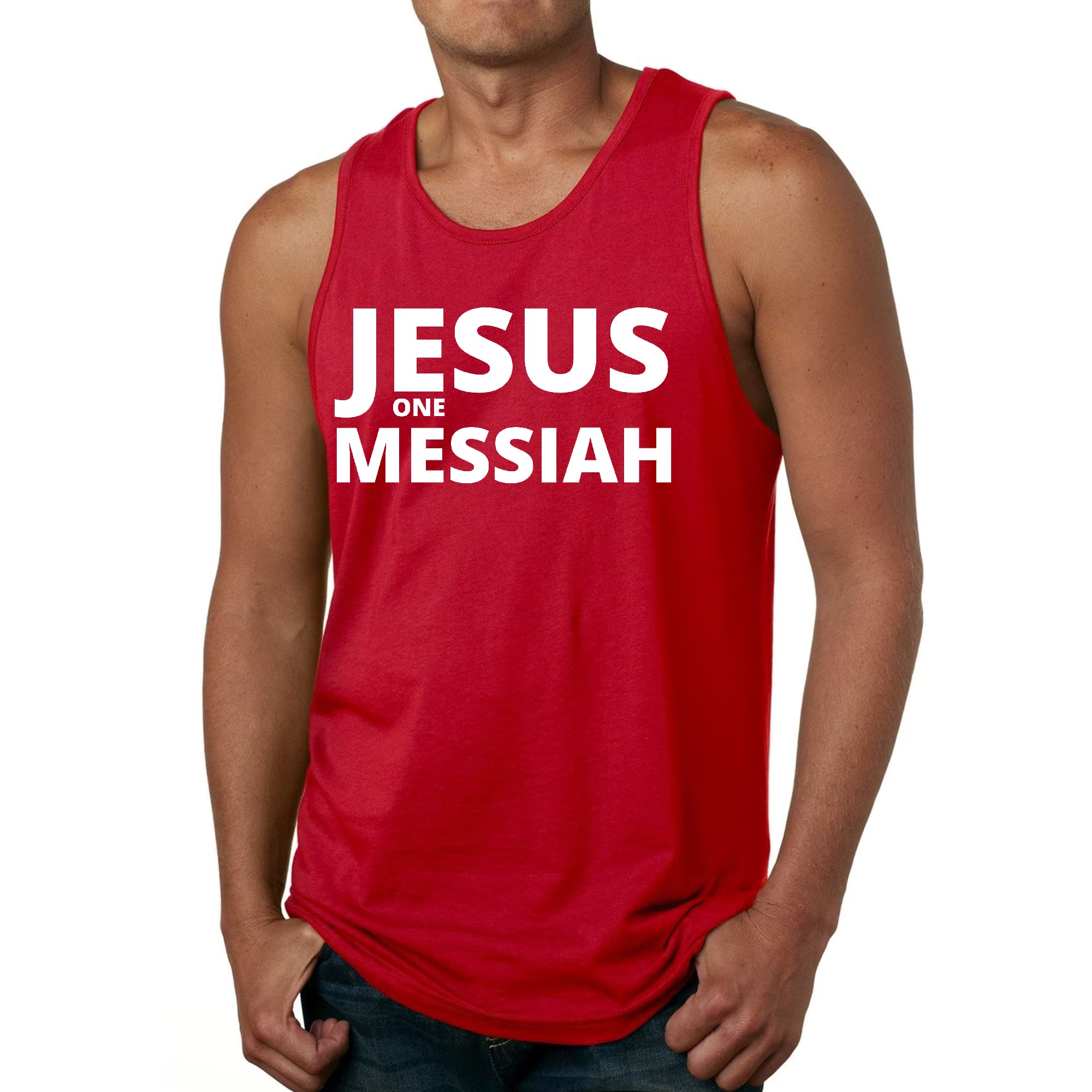 Men's Fitness Tank Top Graphic T-shirt featuring Jesus One Messiah design, made from soft preshrunk cotton for comfort and durability.