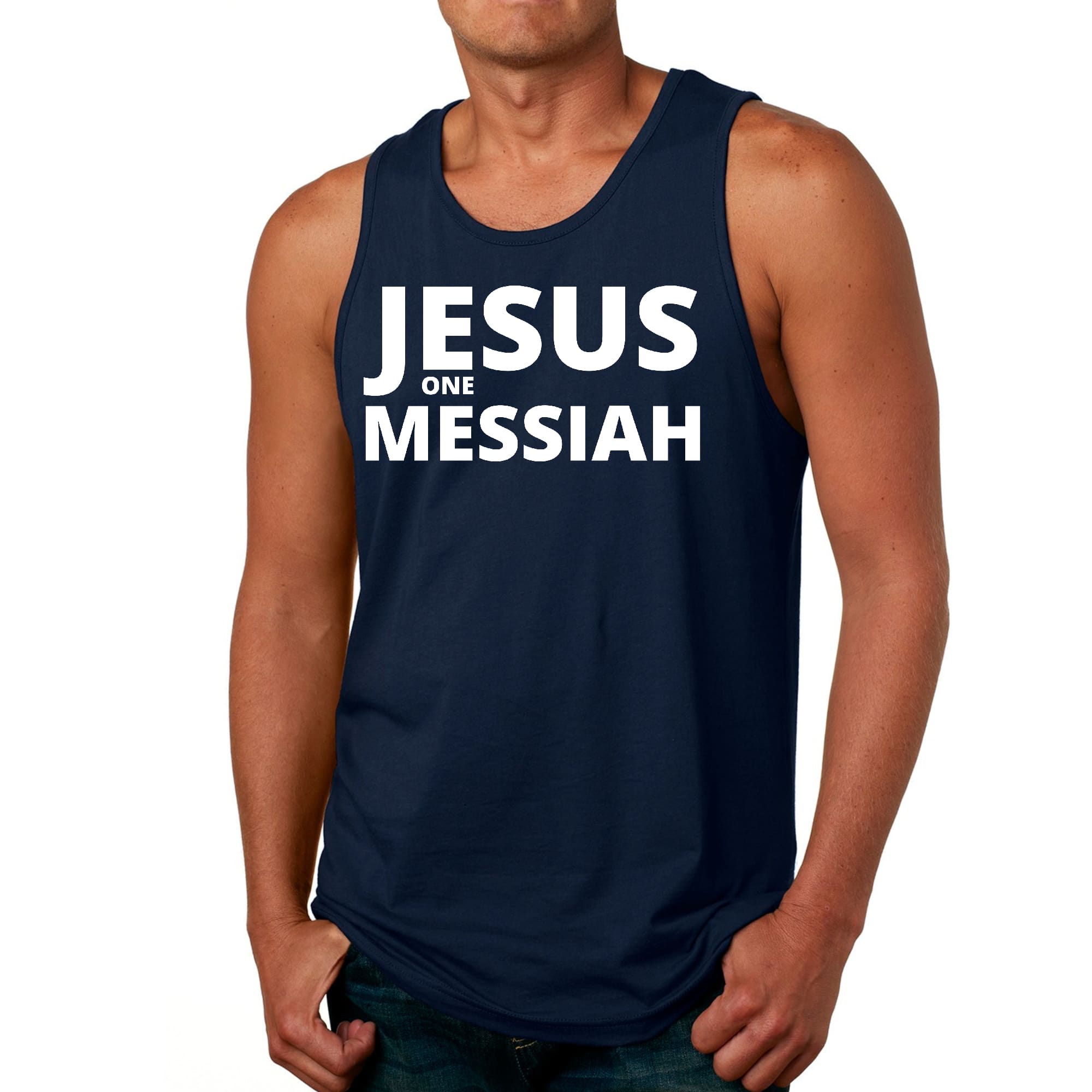 Men's Fitness Tank Top Graphic T-shirt featuring Jesus One Messiah design, made from soft preshrunk cotton for comfort and durability.