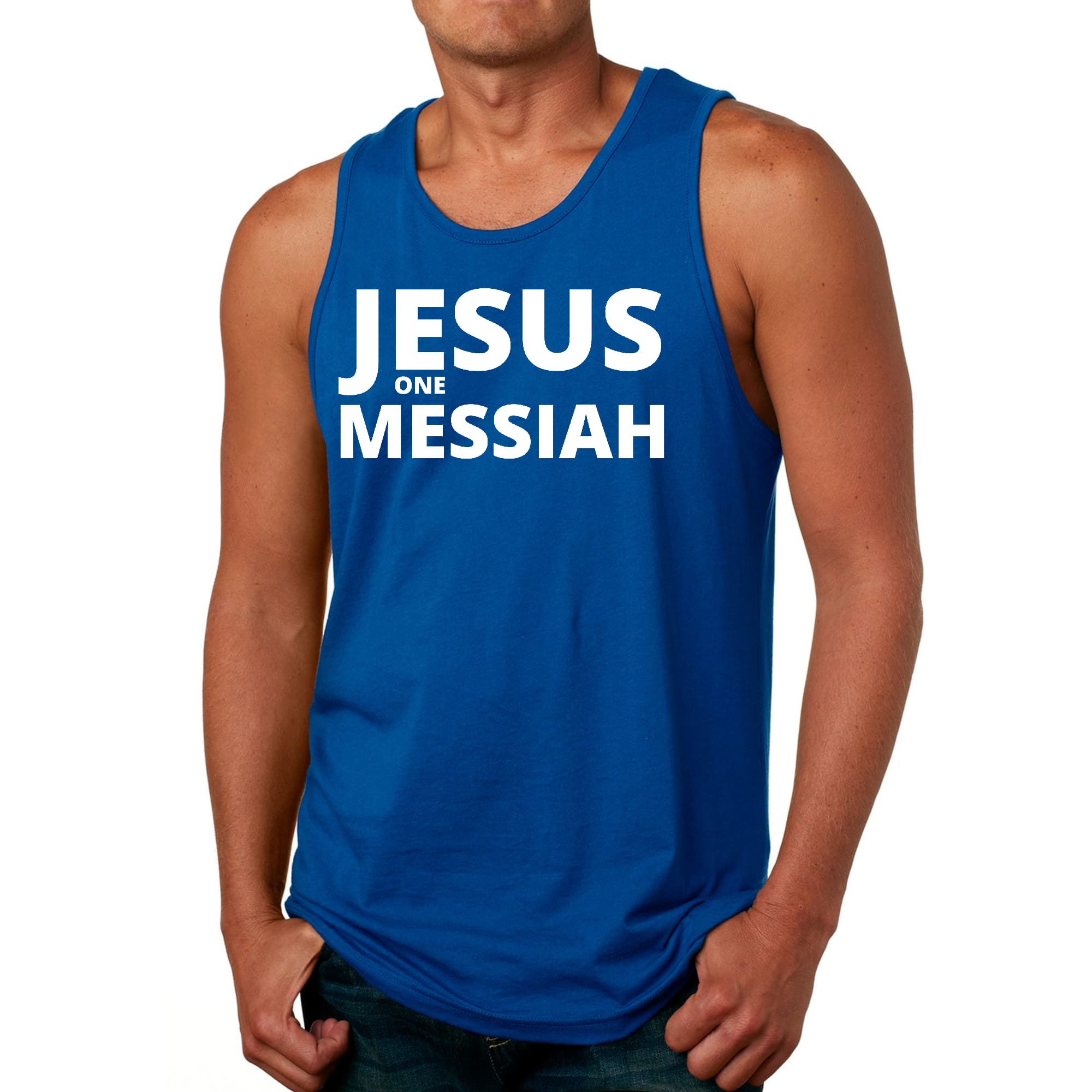 Men's Fitness Tank Top Graphic T-shirt featuring Jesus One Messiah design, made from soft preshrunk cotton for comfort and durability.