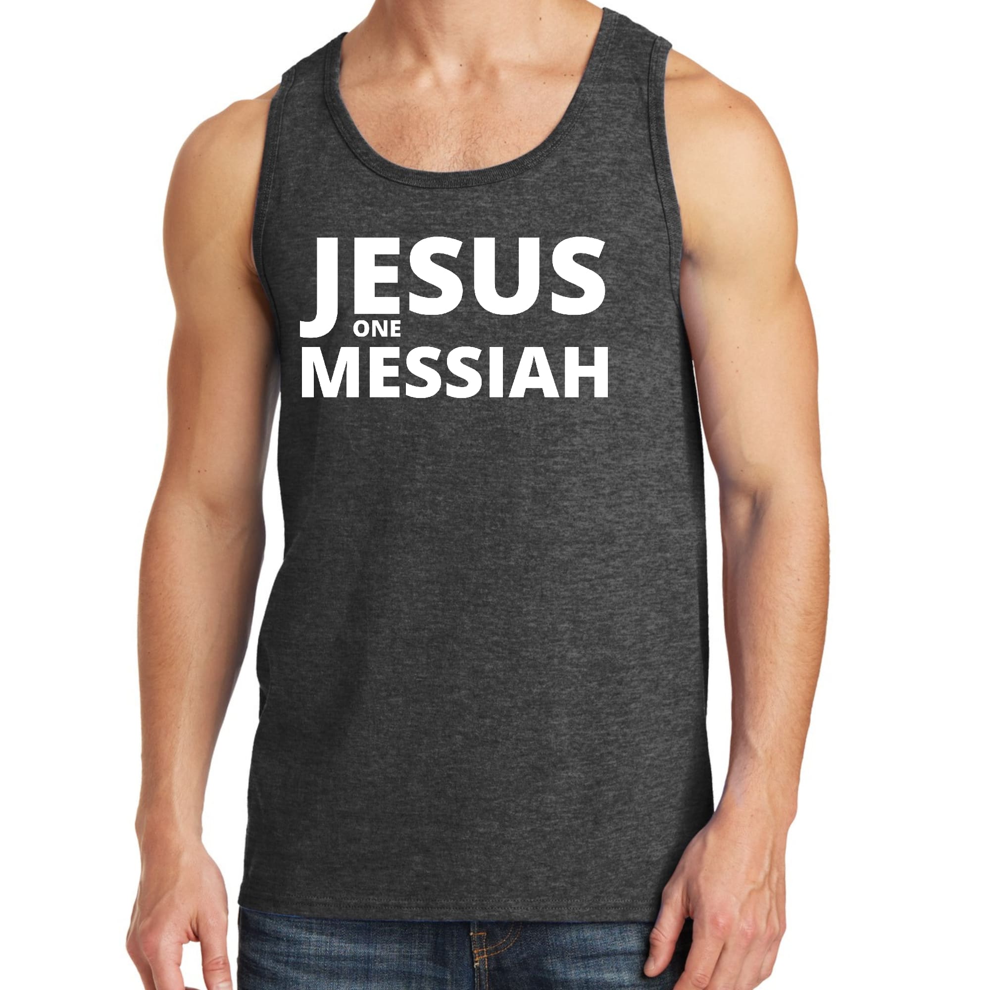 Men's Fitness Tank Top Graphic T-shirt featuring Jesus One Messiah design, made from soft preshrunk cotton for comfort and durability.