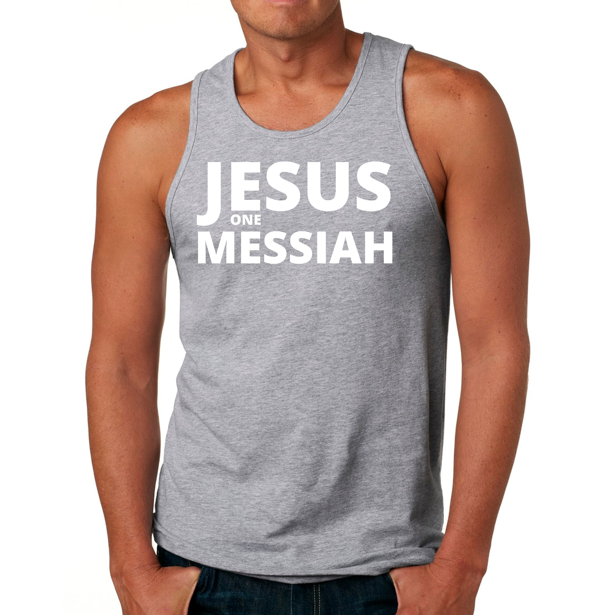 Men's Fitness Tank Top Graphic T-shirt featuring Jesus One Messiah design, made from soft preshrunk cotton for comfort and durability.