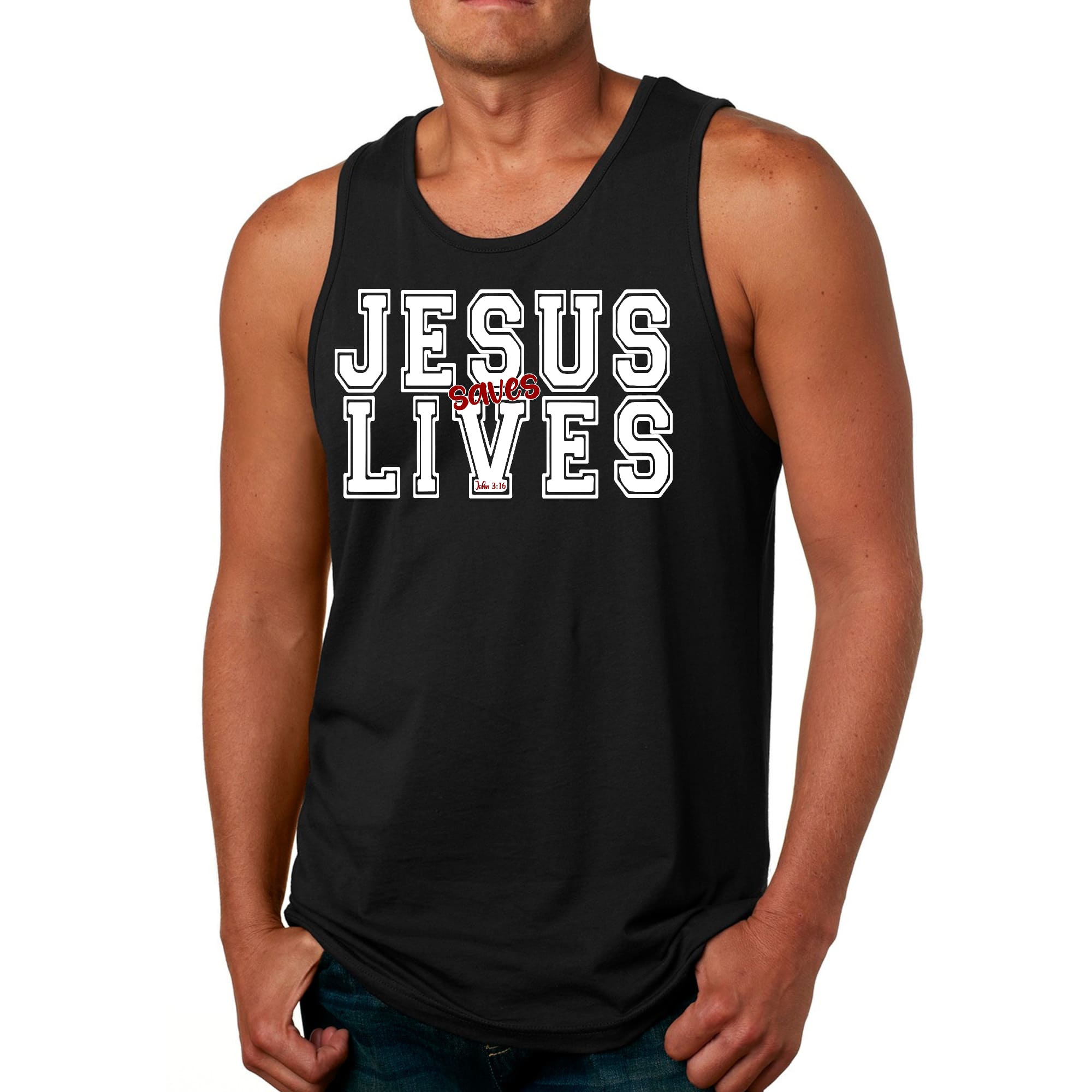 Men's Fitness Tank Top in white and red featuring 'Jesus Saves Lives' graphic, made from soft preshrunk cotton for comfort.