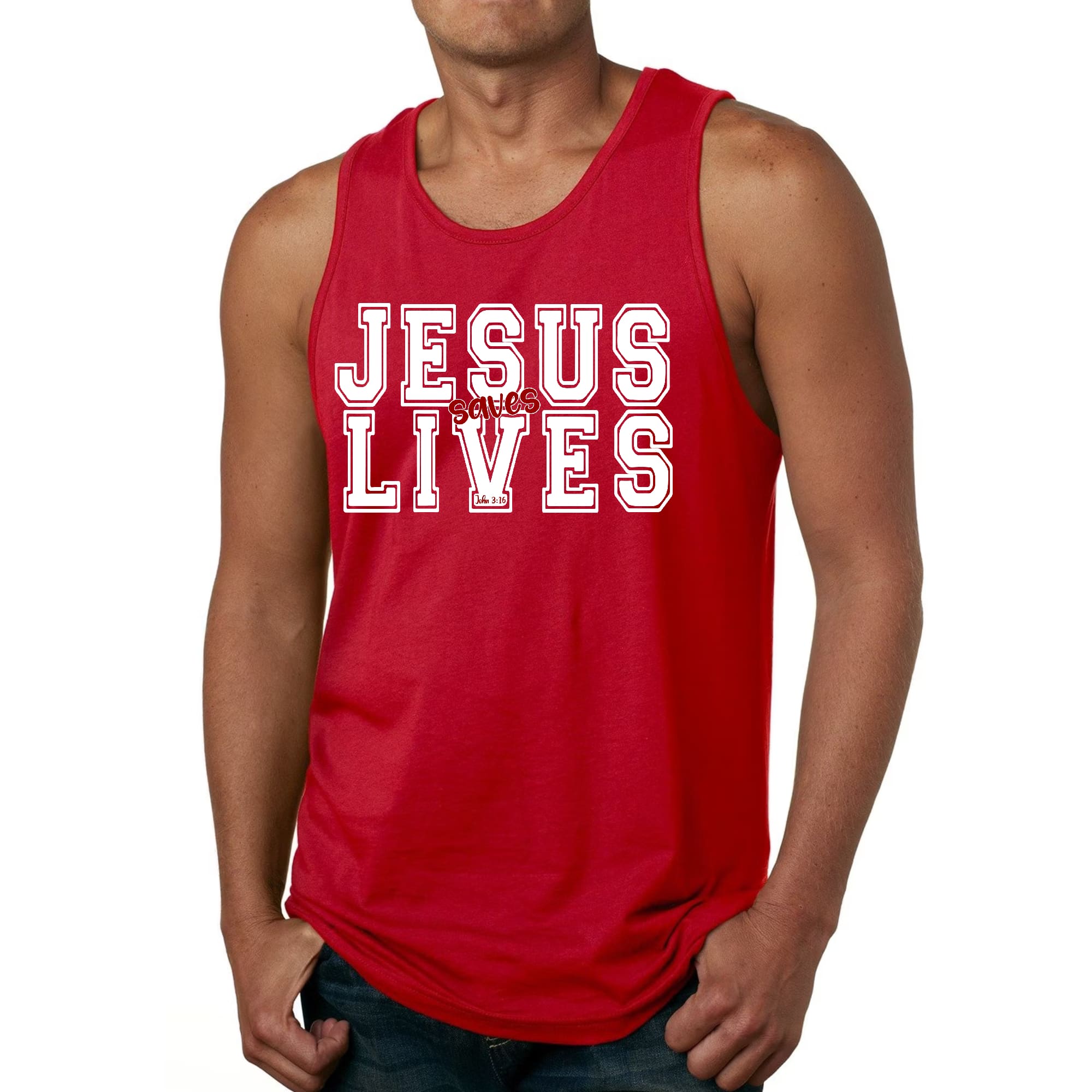 Men's Fitness Tank Top in white and red featuring 'Jesus Saves Lives' graphic, made from soft preshrunk cotton for comfort.