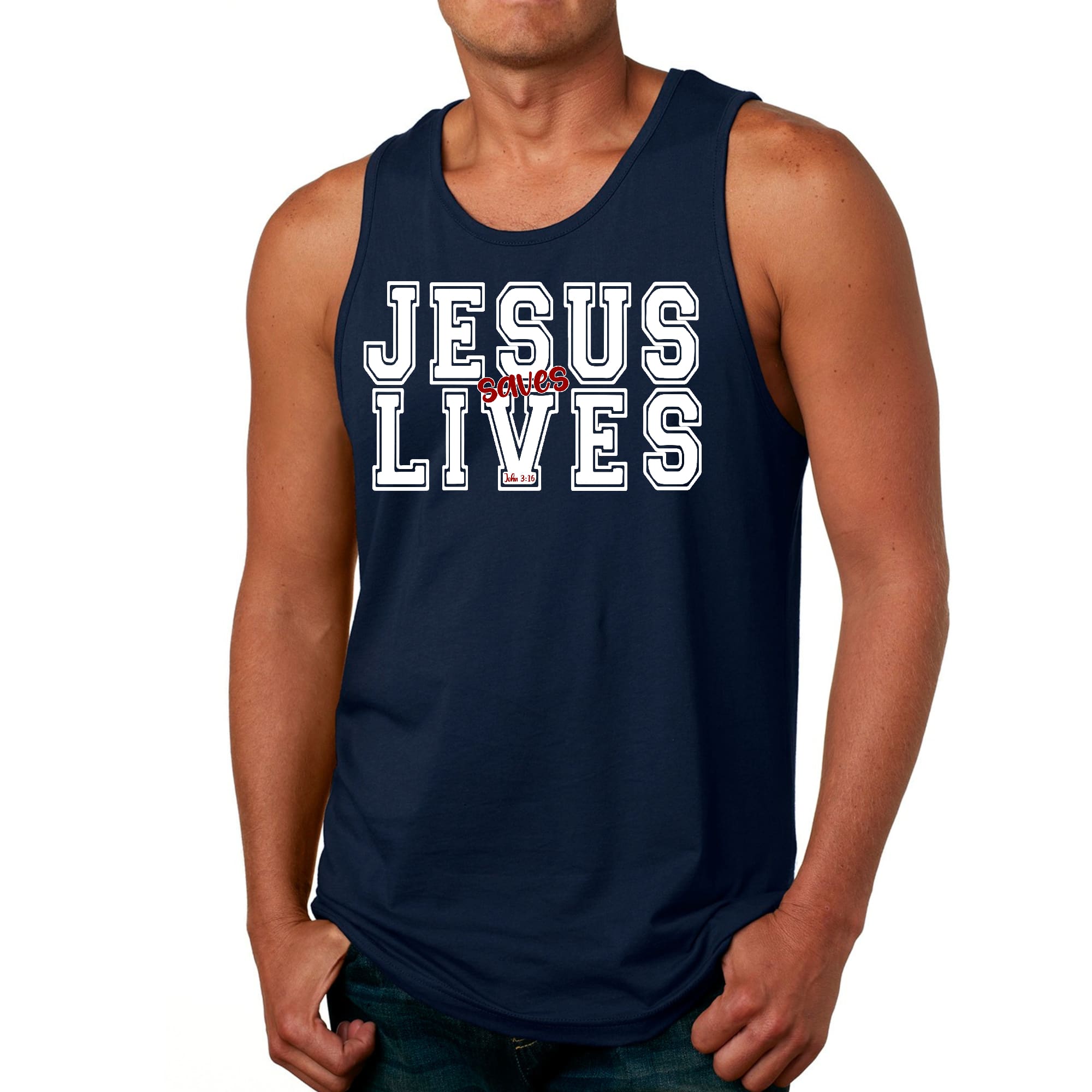 Men's Fitness Tank Top in white and red featuring 'Jesus Saves Lives' graphic, made from soft preshrunk cotton for comfort.