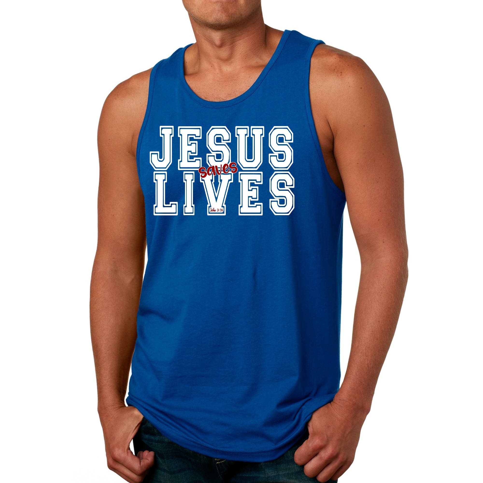 Men's Fitness Tank Top in white and red featuring 'Jesus Saves Lives' graphic, made from soft preshrunk cotton for comfort.