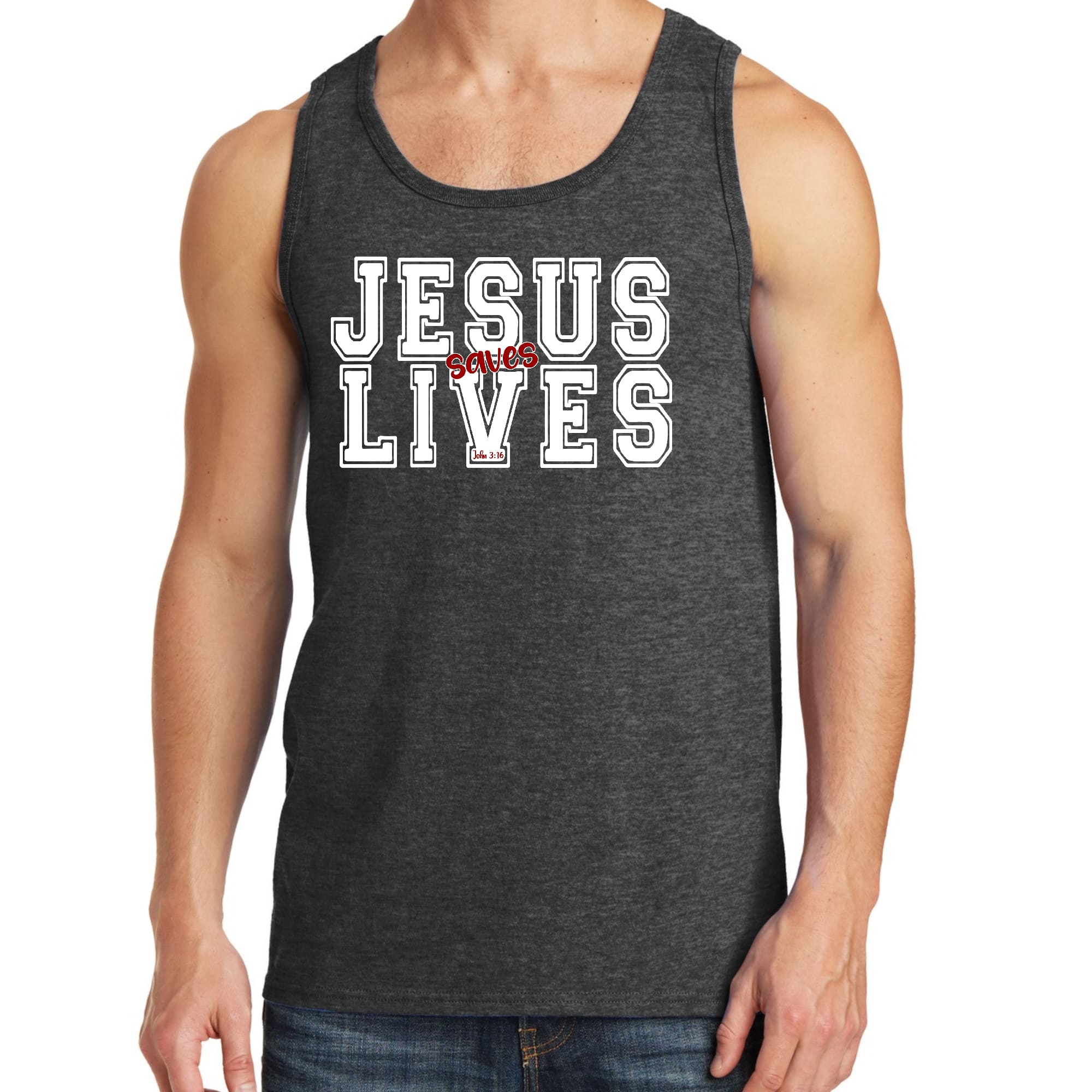 Men's Fitness Tank Top in white and red featuring 'Jesus Saves Lives' graphic, made from soft preshrunk cotton for comfort.