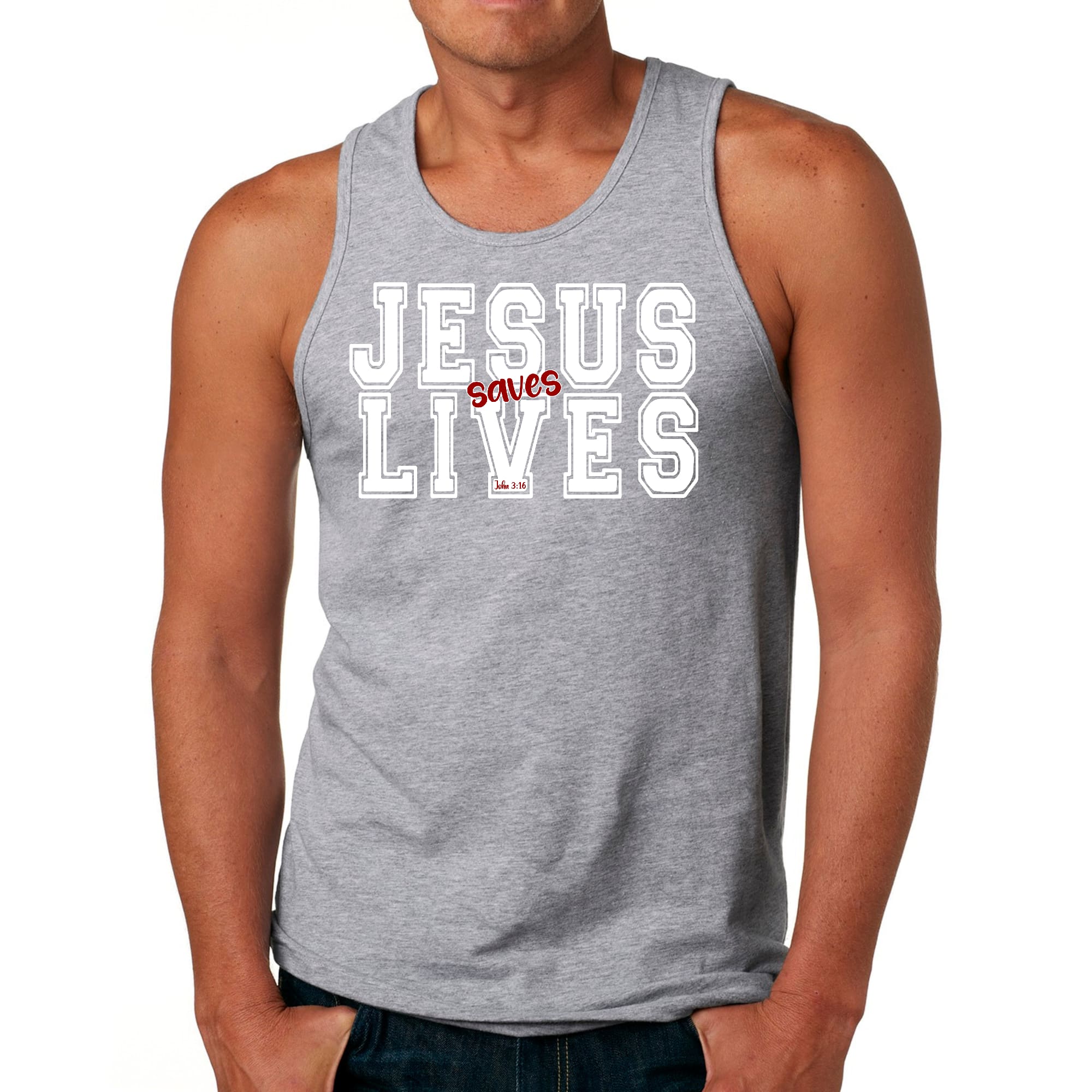 Men's Fitness Tank Top in white and red featuring 'Jesus Saves Lives' graphic, made from soft preshrunk cotton for comfort.