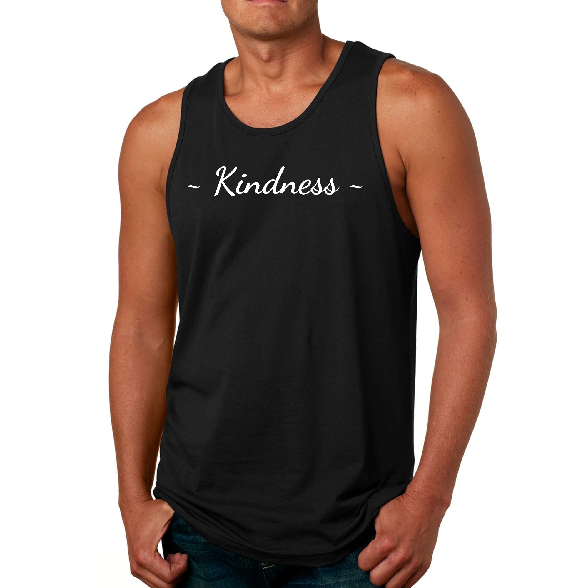 Men's Fitness Tank Top featuring a white Kindness graphic print, made from soft preshrunk cotton for comfort during workouts.