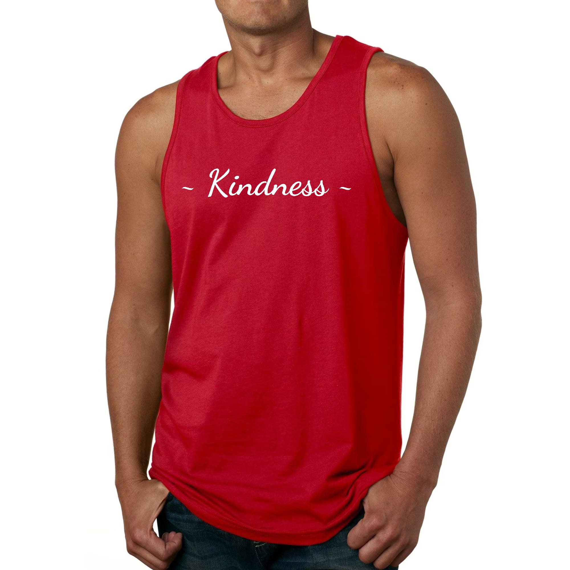 Men's Fitness Tank Top featuring a white Kindness graphic print, made from soft preshrunk cotton for comfort during workouts.