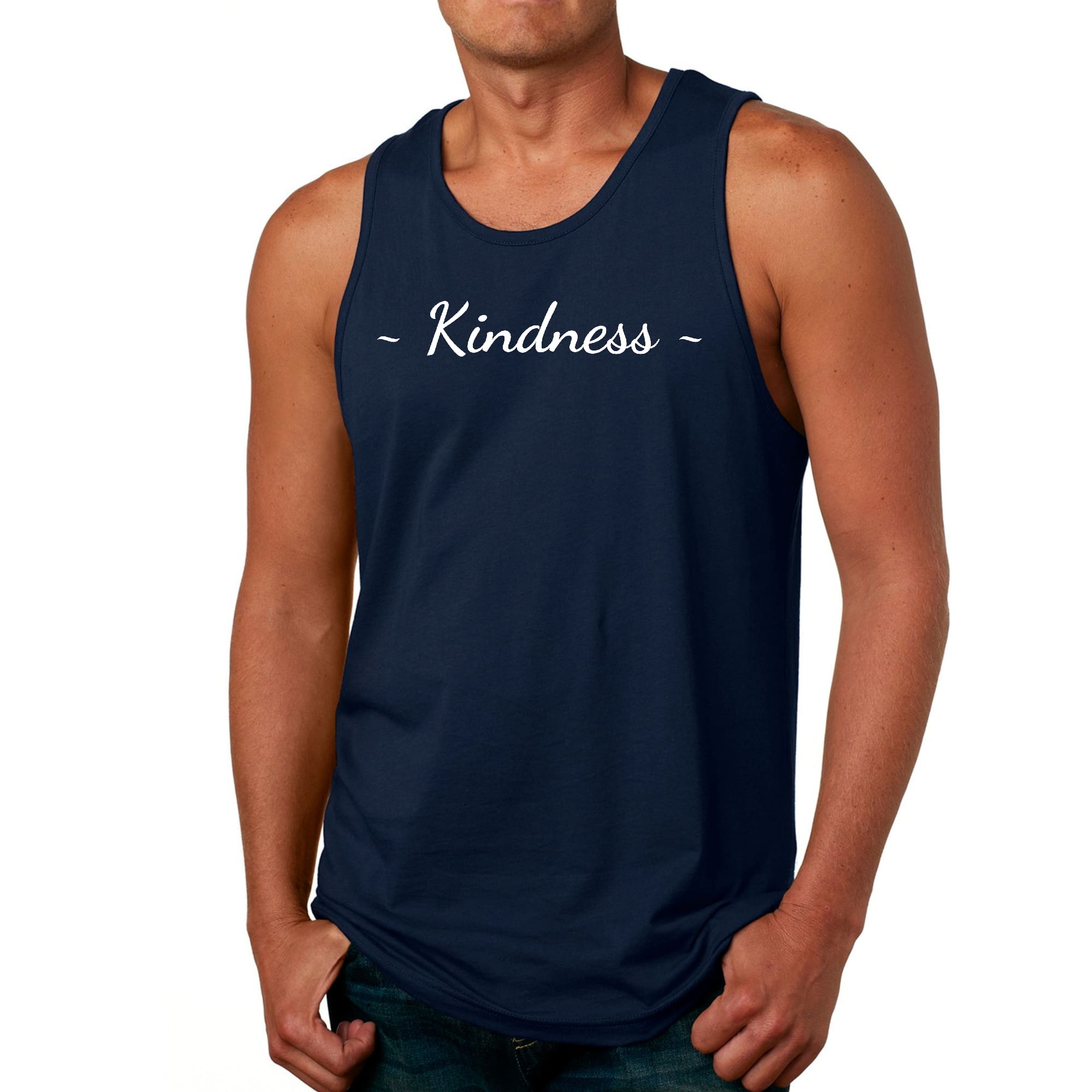 Men's Fitness Tank Top featuring a white Kindness graphic print, made from soft preshrunk cotton for comfort during workouts.