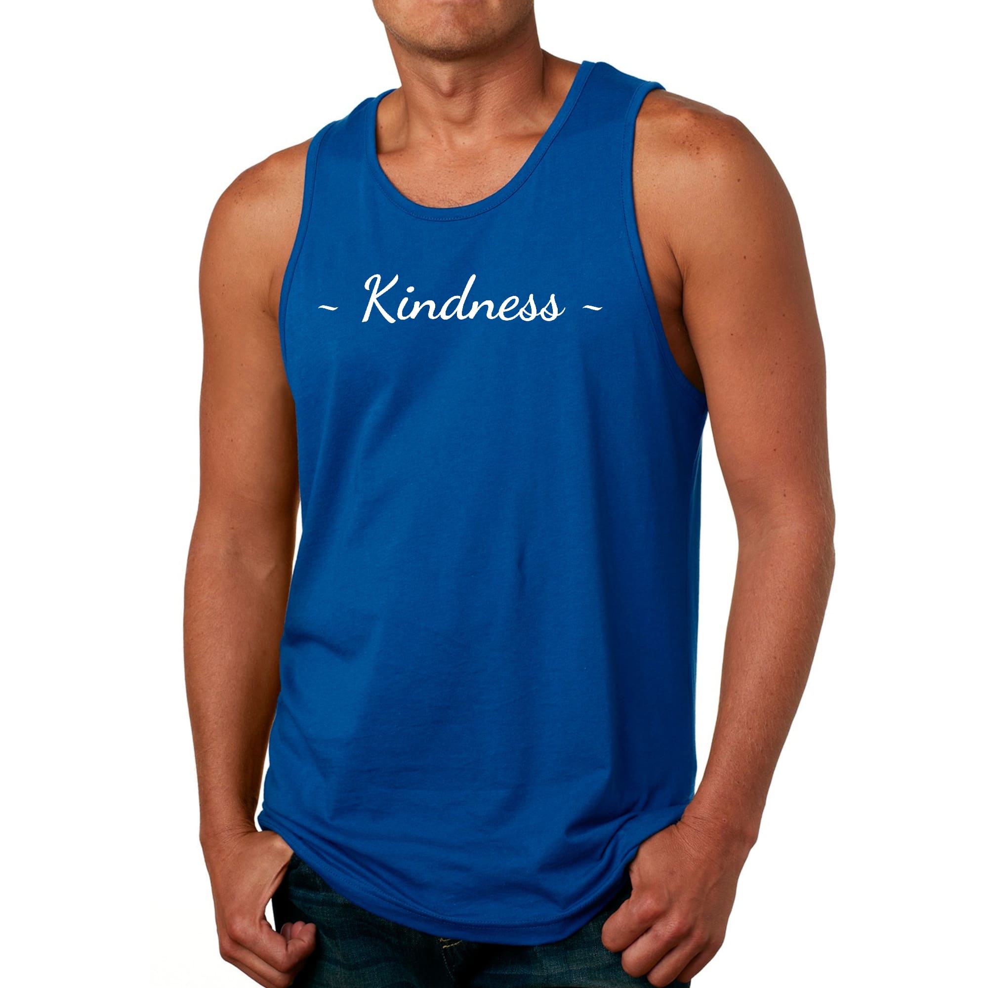 Men's Fitness Tank Top featuring a white Kindness graphic print, made from soft preshrunk cotton for comfort during workouts.