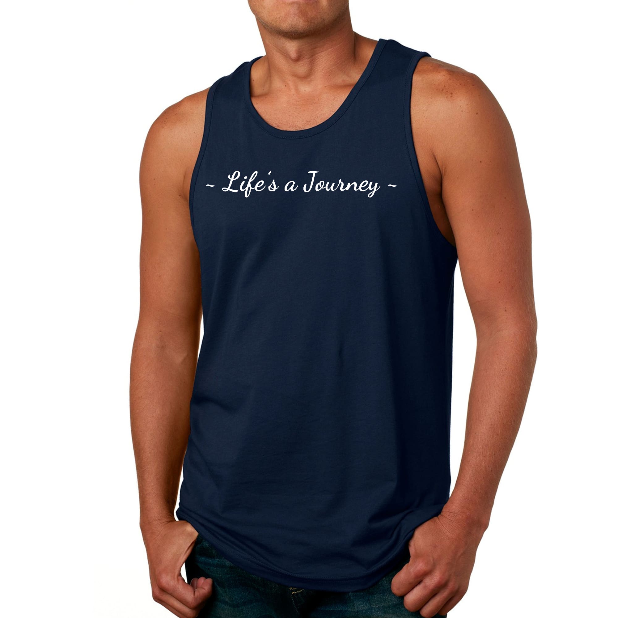 Men's Fitness Tank Top Graphic T-shirt in white with 'Life's a Journey' print, showcasing a comfortable fit and soft fabric.