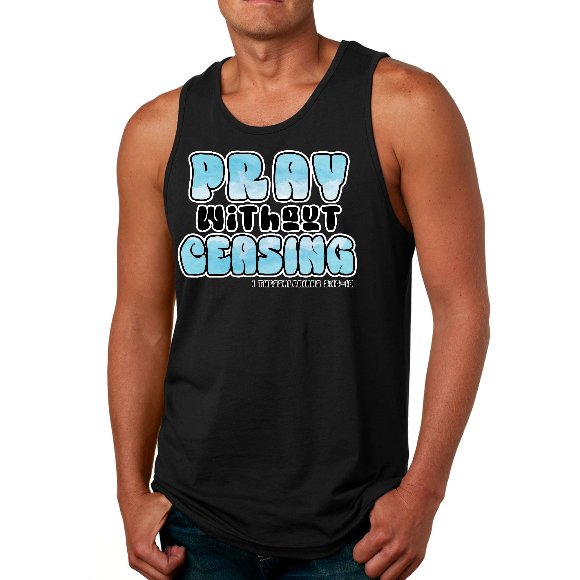 Men's Fitness Tank Top featuring 'Pray Without Ceasing' graphic, made from soft preshrunk cotton, perfect for workouts and casual wear.