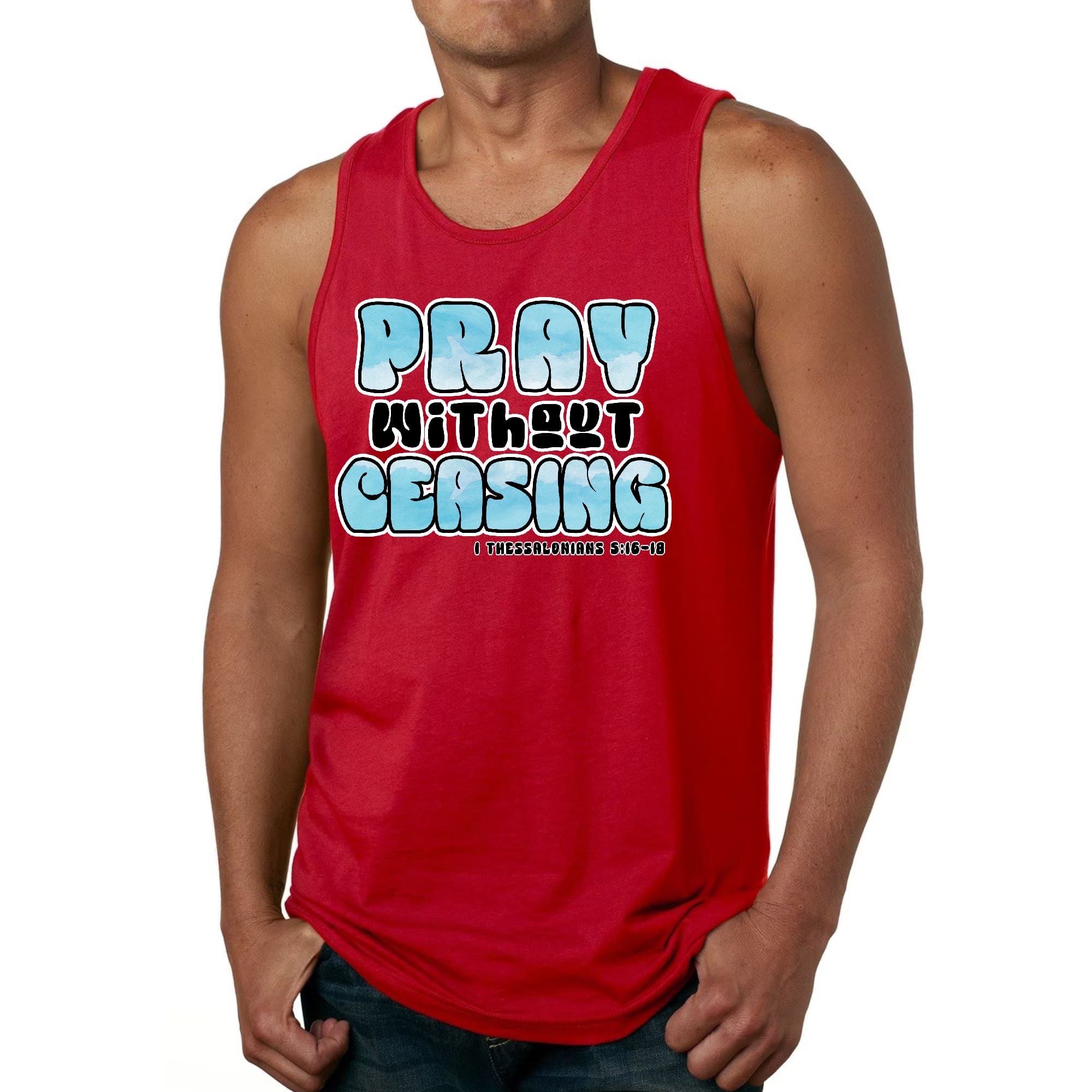 Men's Fitness Tank Top featuring 'Pray Without Ceasing' graphic, made from soft preshrunk cotton, perfect for workouts and casual wear.