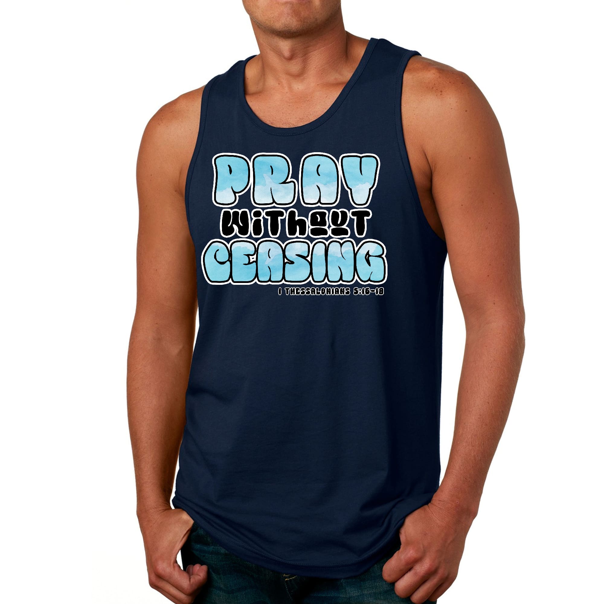 Men's Fitness Tank Top featuring 'Pray Without Ceasing' graphic, made from soft preshrunk cotton, perfect for workouts and casual wear.