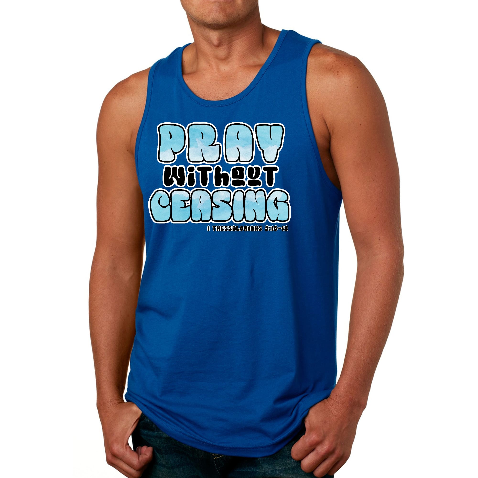 Men's Fitness Tank Top featuring 'Pray Without Ceasing' graphic, made from soft preshrunk cotton, perfect for workouts and casual wear.