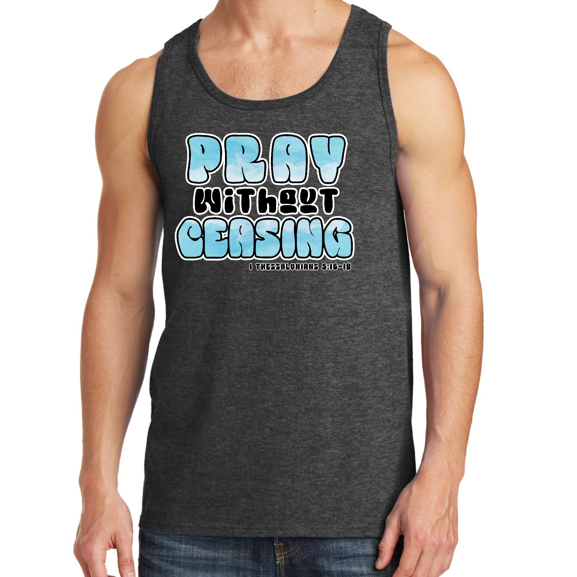 Men's Fitness Tank Top featuring 'Pray Without Ceasing' graphic, made from soft preshrunk cotton, perfect for workouts and casual wear.