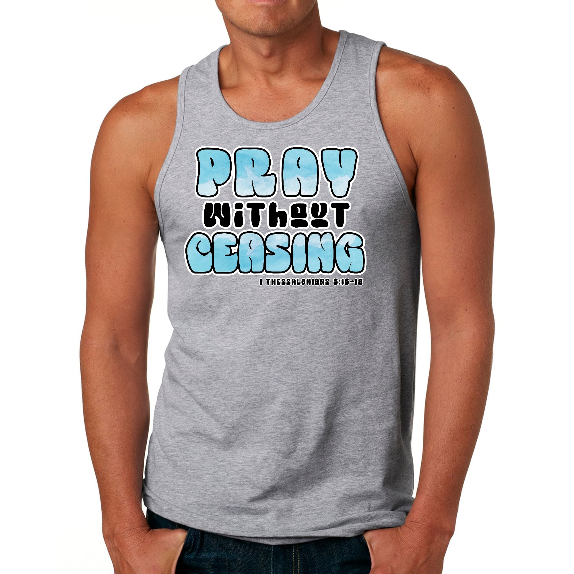 Men's Fitness Tank Top featuring 'Pray Without Ceasing' graphic, made from soft preshrunk cotton, perfect for workouts and casual wear.