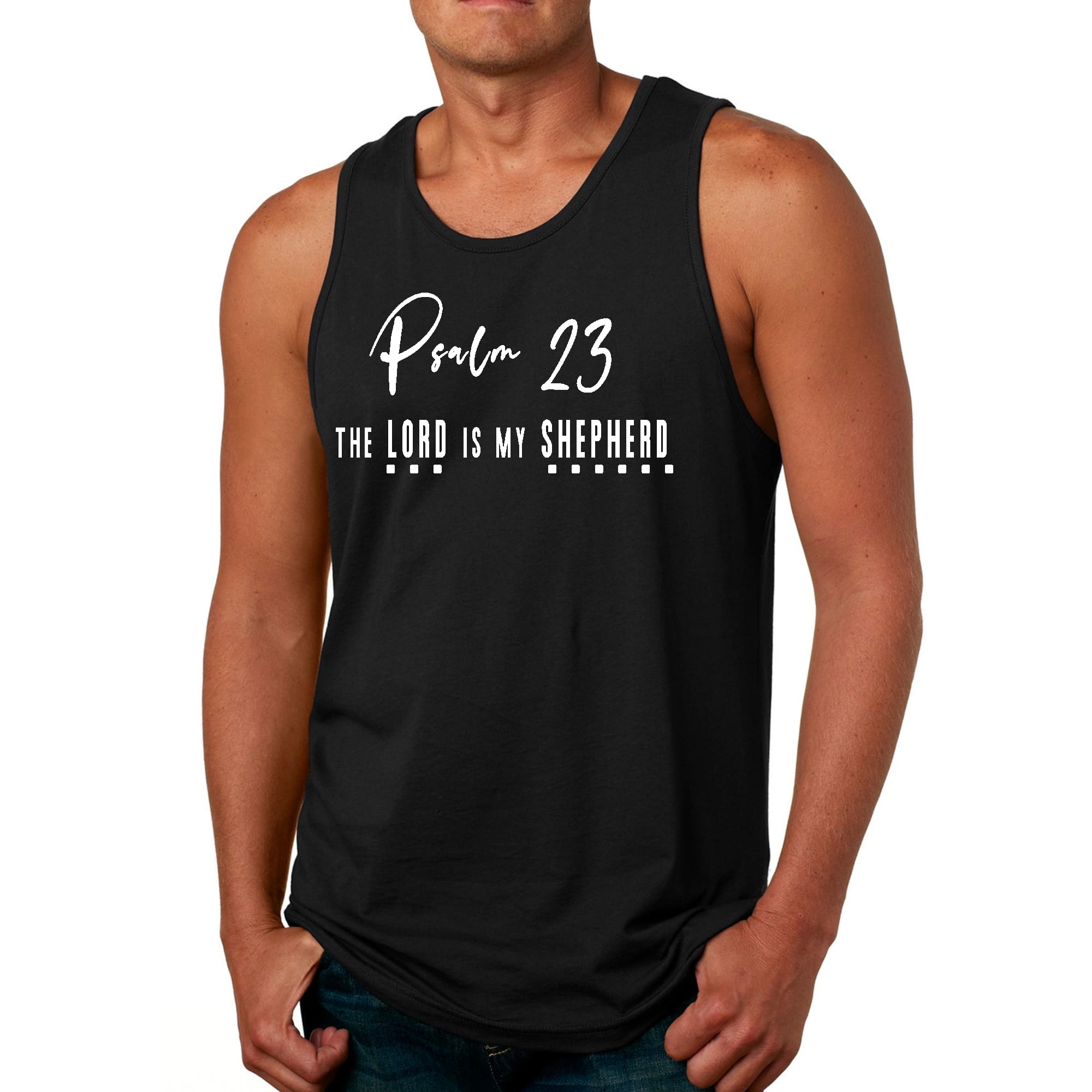 Men's Fitness Tank Top featuring Psalm 23 graphic in white print on a comfortable cotton fabric.