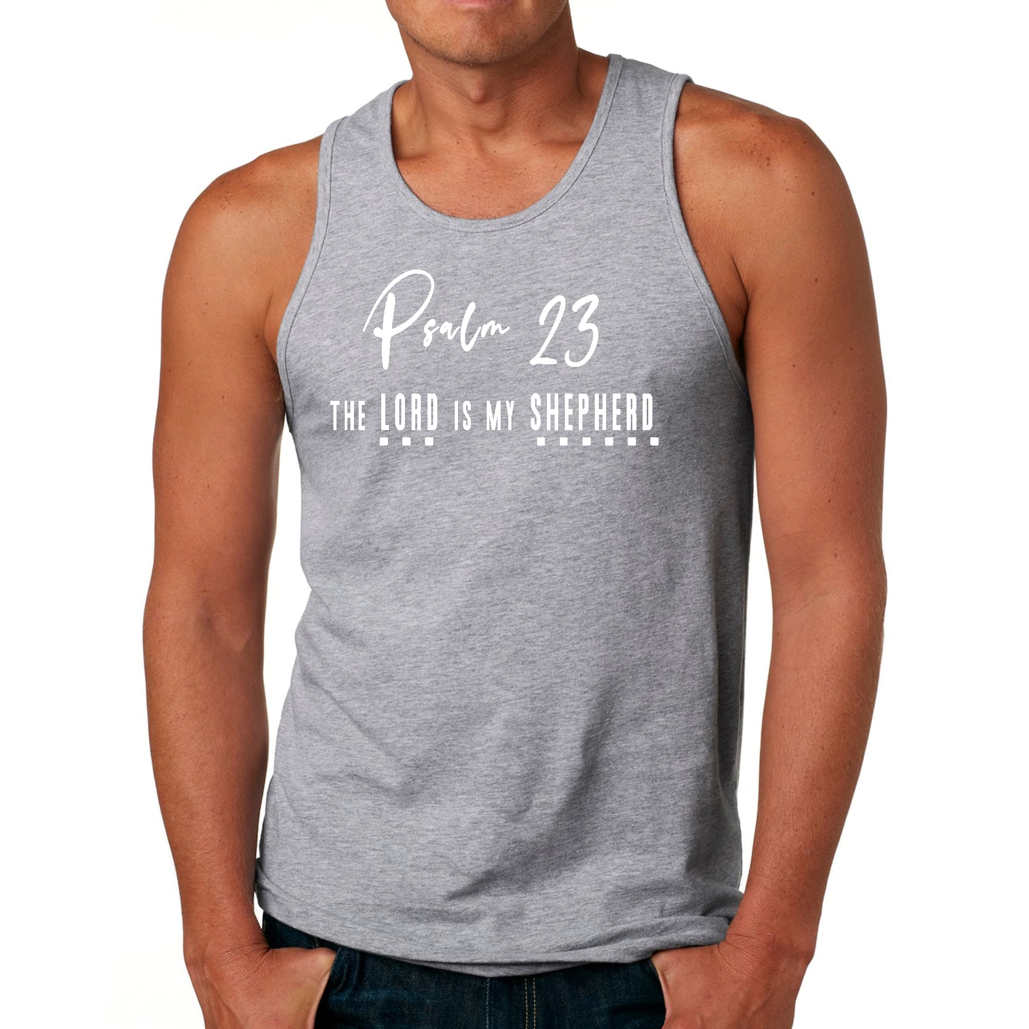 Men's Fitness Tank Top featuring Psalm 23 graphic in white print on a comfortable cotton fabric.