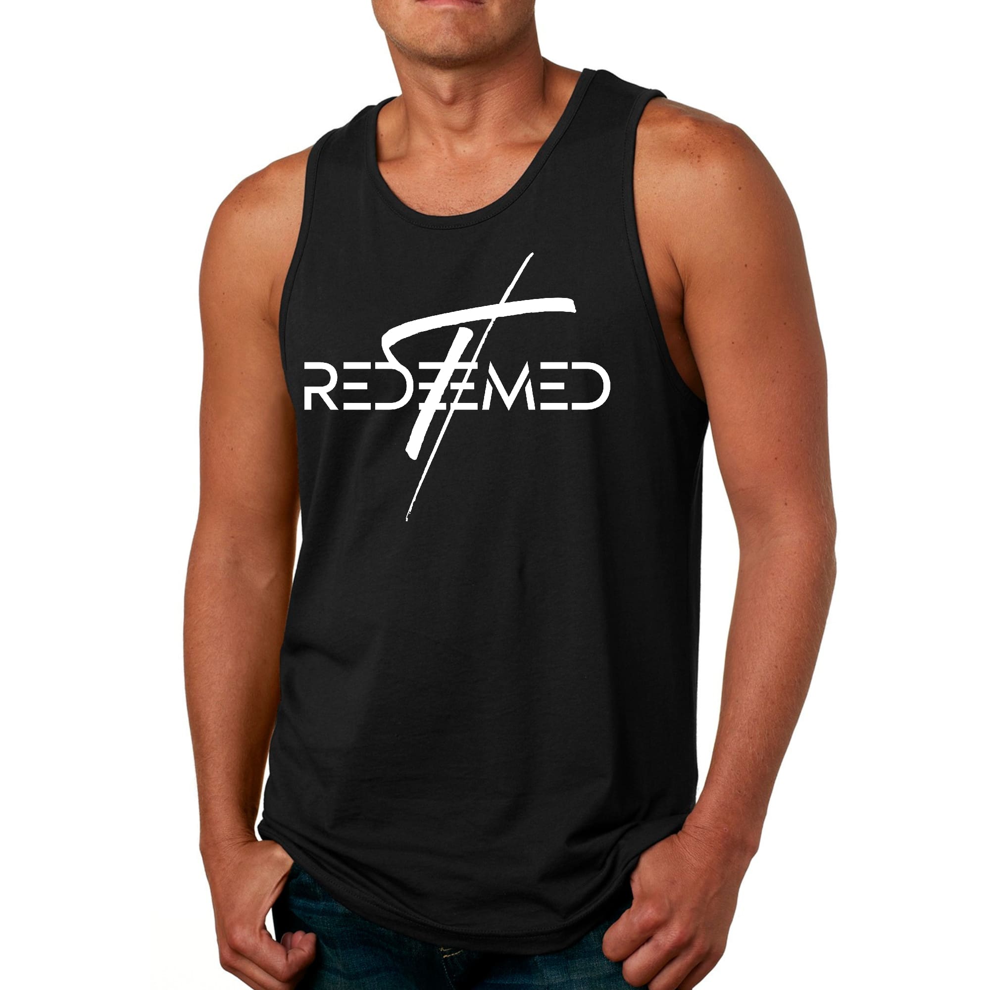 Men's Fitness Tank Top Graphic T-shirt featuring Redeemed Cross design, made from soft preshrunk cotton for comfort during workouts.