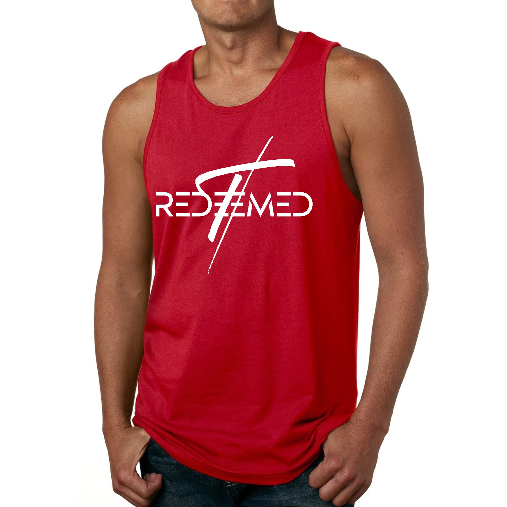 Men's Fitness Tank Top Graphic T-shirt featuring Redeemed Cross design, made from soft preshrunk cotton for comfort during workouts.