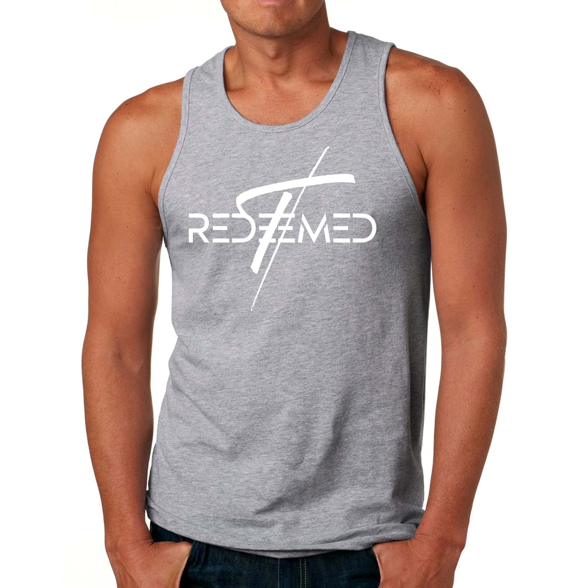 Men's Fitness Tank Top Graphic T-shirt featuring Redeemed Cross design, made from soft preshrunk cotton for comfort during workouts.