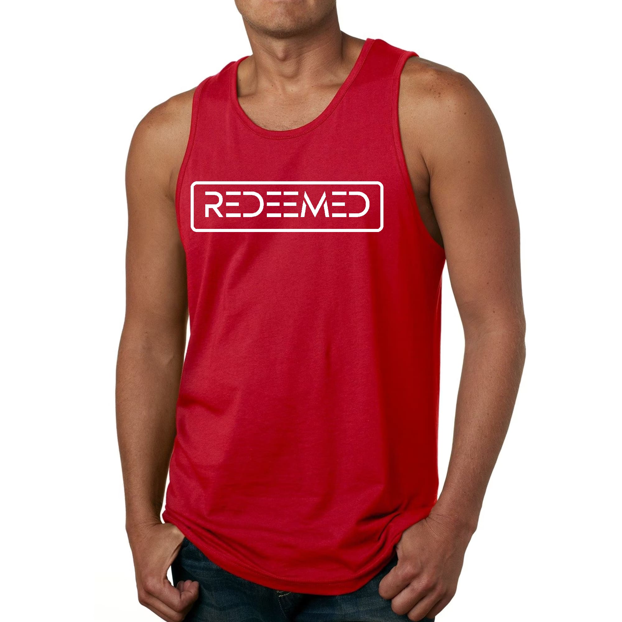 Men's Fitness Tank Top Graphic T-shirt Redeemed in soft preshrunk cotton, featuring double-needle stitching and a classic fit, ideal for workouts.