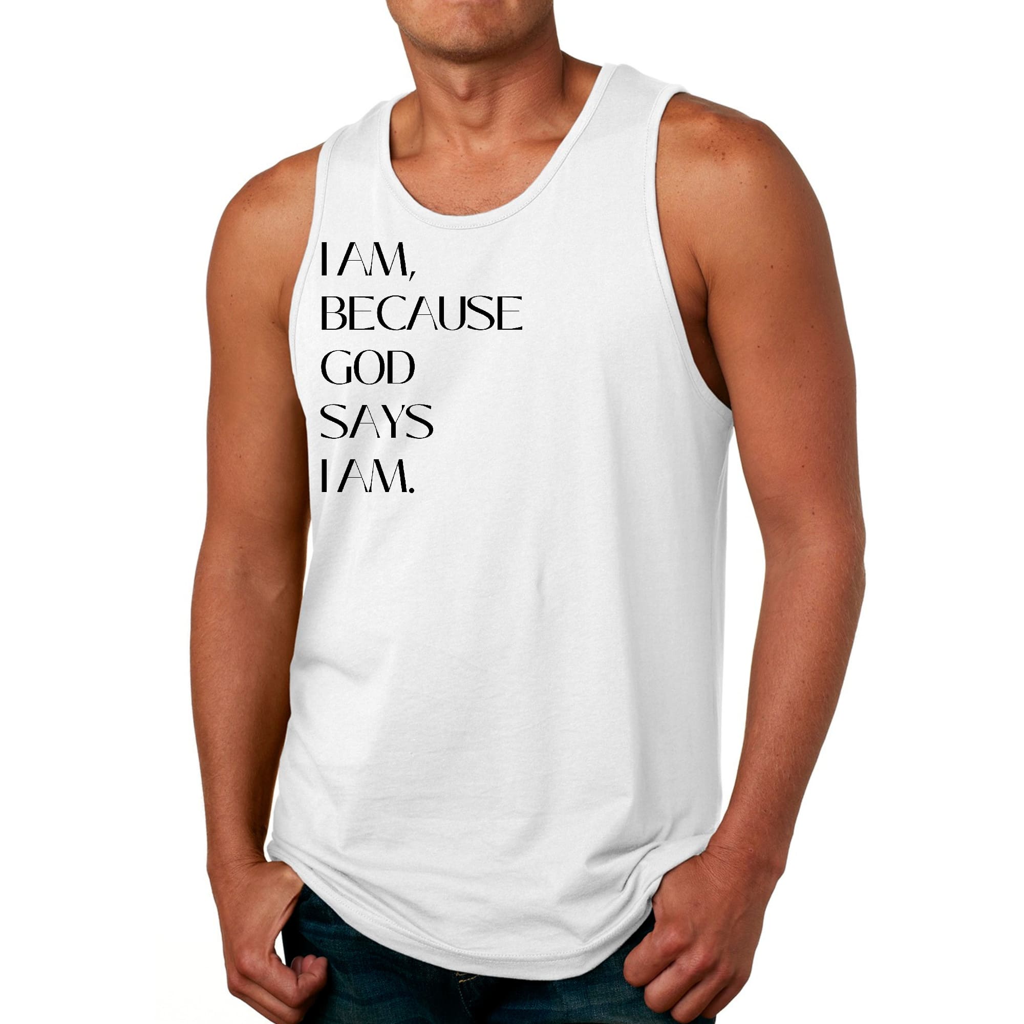 Men's Fitness Tank Top featuring the quote 'I Am Because God Says I Am' in a stylish graphic design, made from soft preshrunk cotton.