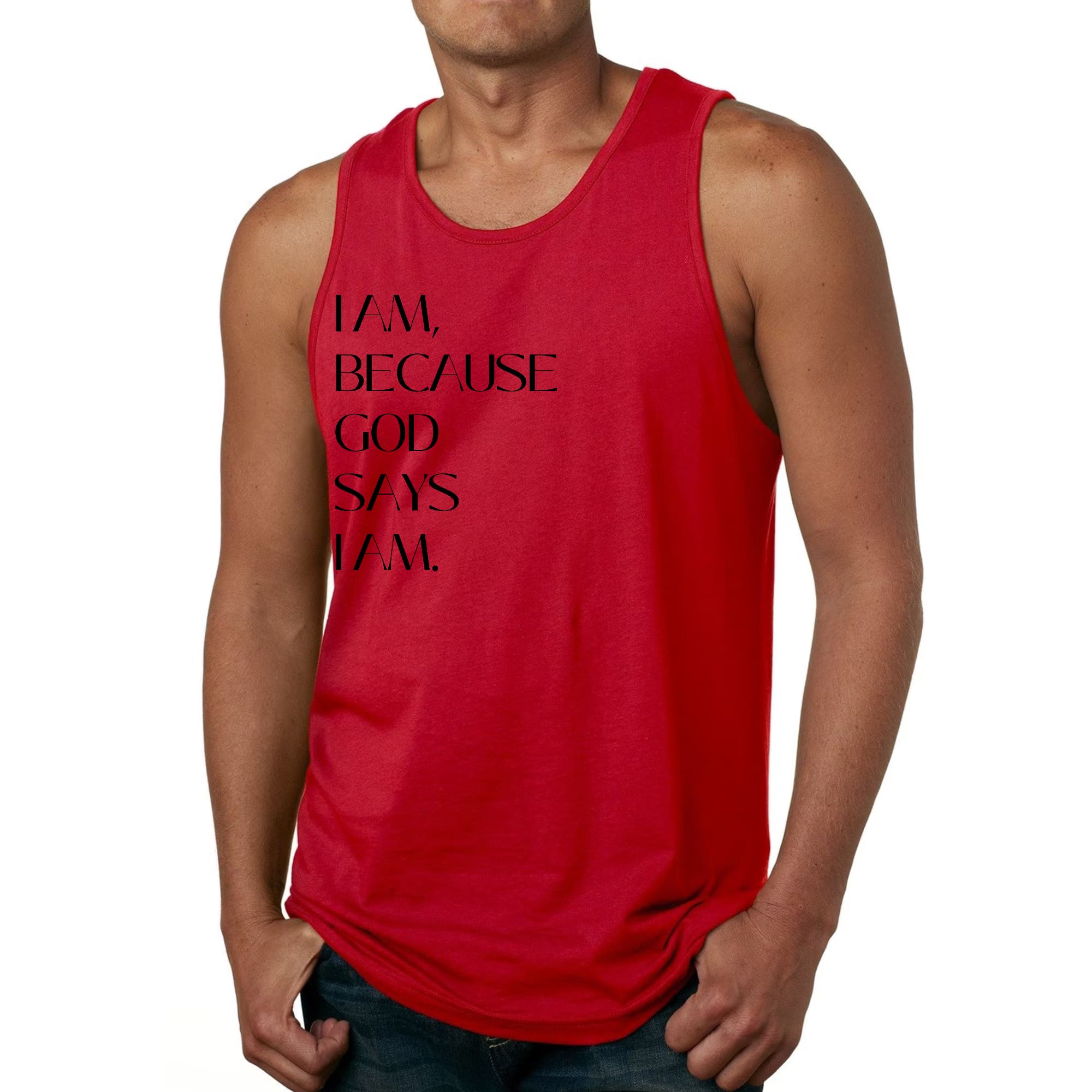 Men's Fitness Tank Top featuring the quote 'I Am Because God Says I Am' in a stylish graphic design, made from soft preshrunk cotton.