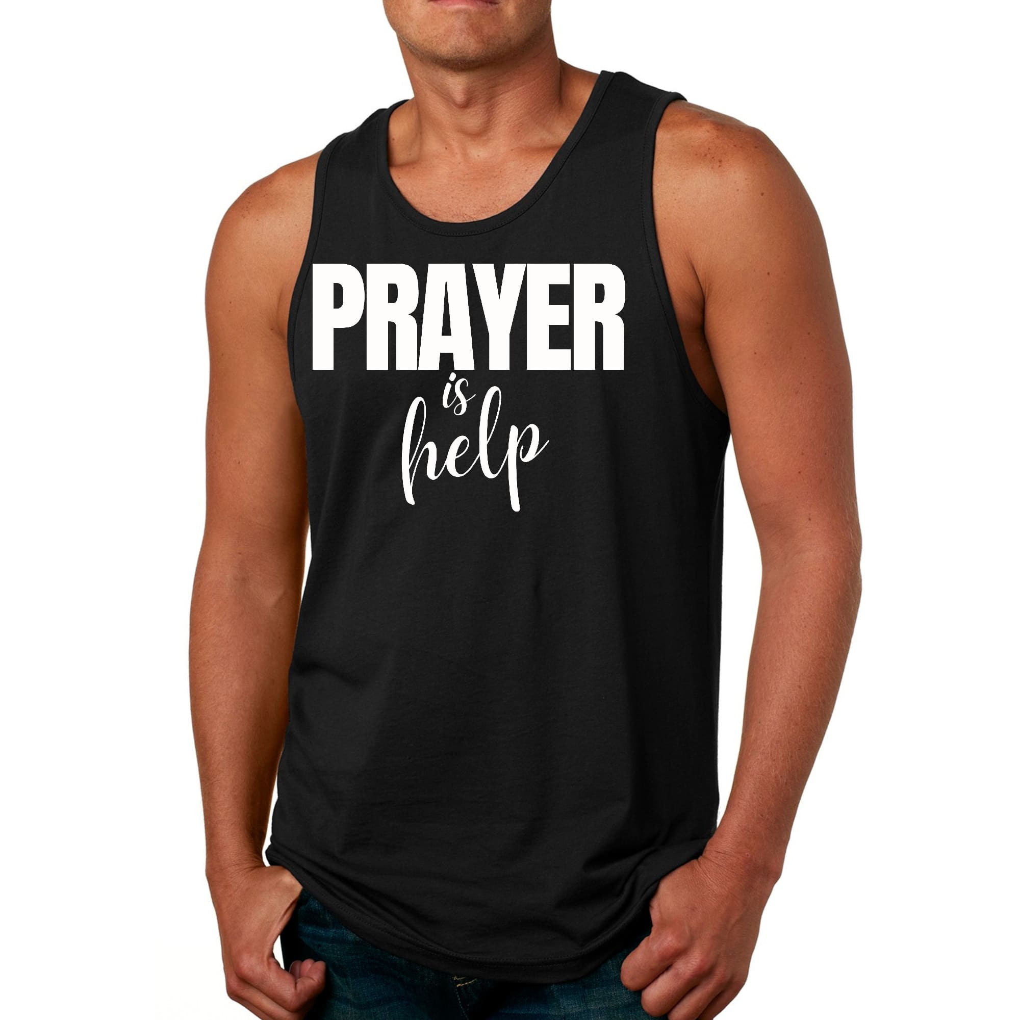 Men's Fitness Tank Top featuring the quote 'Prayer is Help' in a stylish graphic design, made from soft preshrunk cotton.