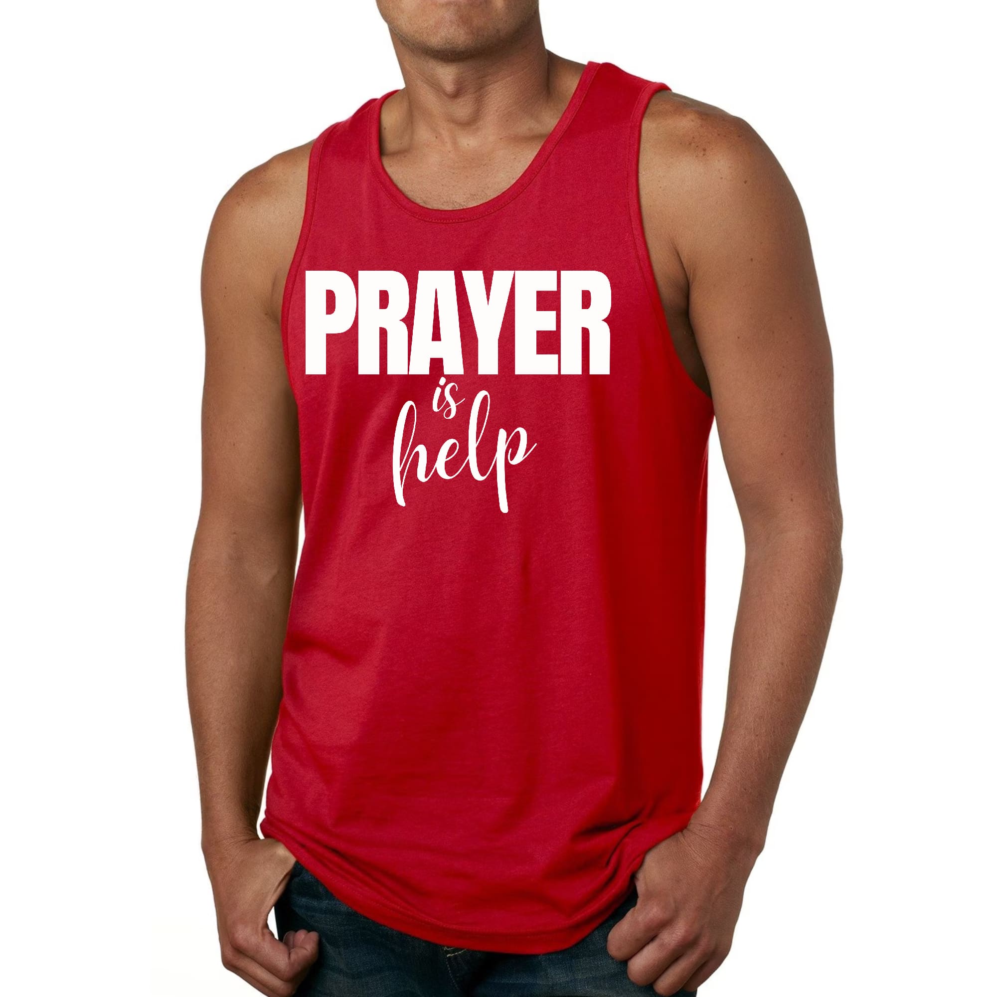 Men's Fitness Tank Top featuring the quote 'Prayer is Help' in a stylish graphic design, made from soft preshrunk cotton.